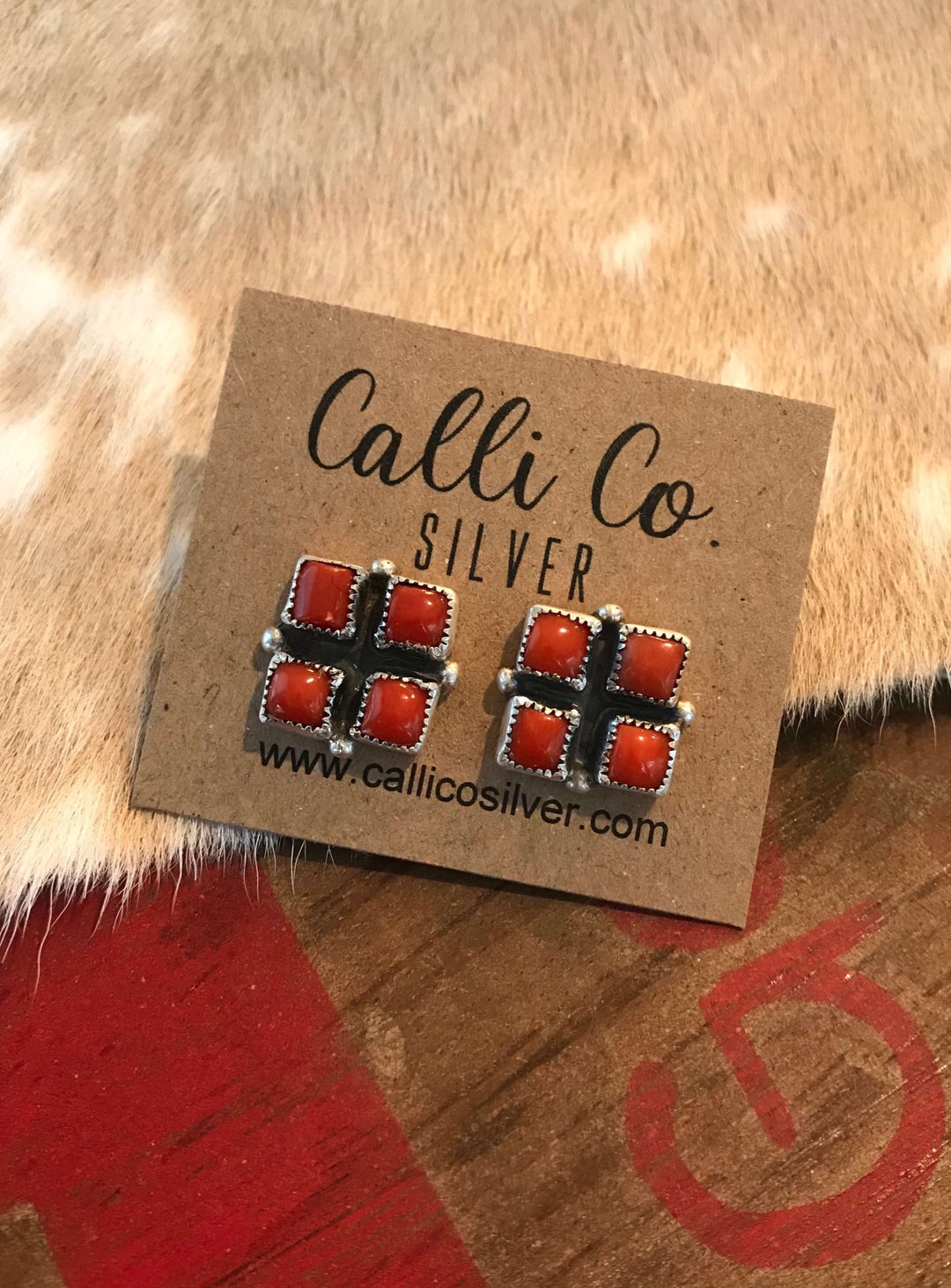 The Four Corners Earrings in Coral-Earrings-Calli Co., Turquoise and Silver Jewelry, Native American Handmade, Zuni Tribe, Navajo Tribe, Brock Texas