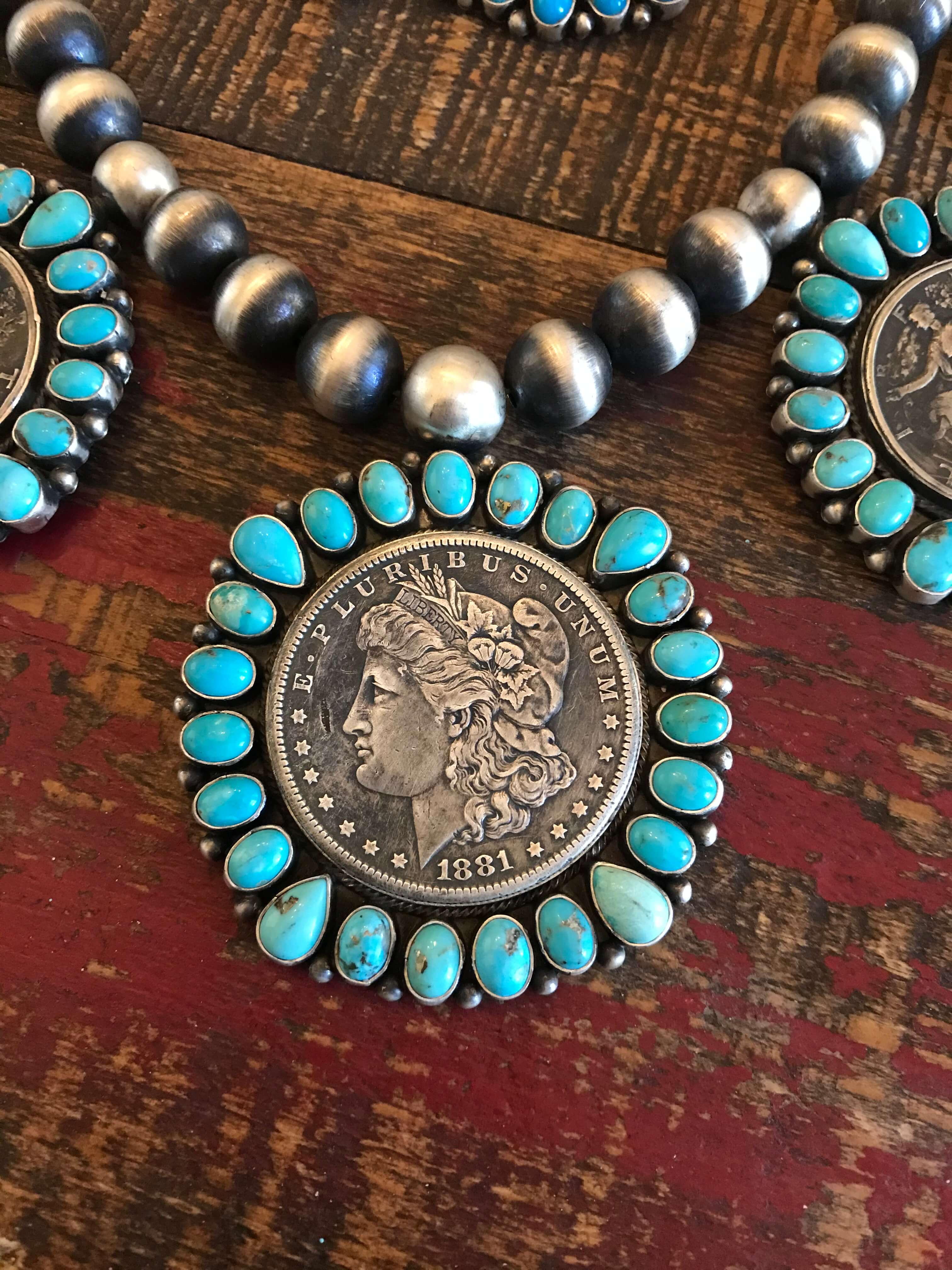 The Sophia Turquoise + Vintage Coin Necklace Set-Necklaces-Calli Co., Turquoise and Silver Jewelry, Native American Handmade, Zuni Tribe, Navajo Tribe, Brock Texas