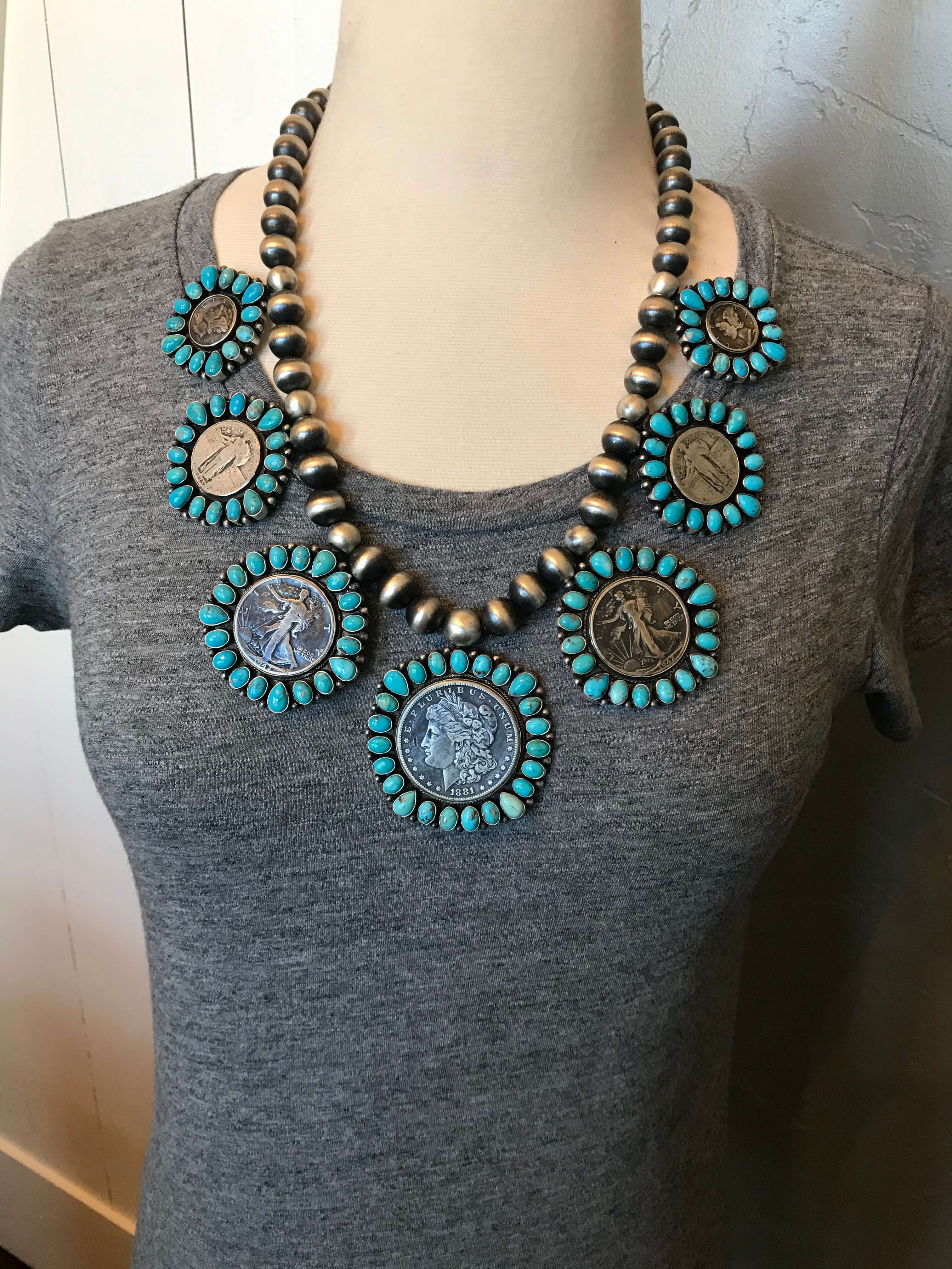 The Sophia Turquoise + Vintage Coin Necklace Set-Necklaces-Calli Co., Turquoise and Silver Jewelry, Native American Handmade, Zuni Tribe, Navajo Tribe, Brock Texas