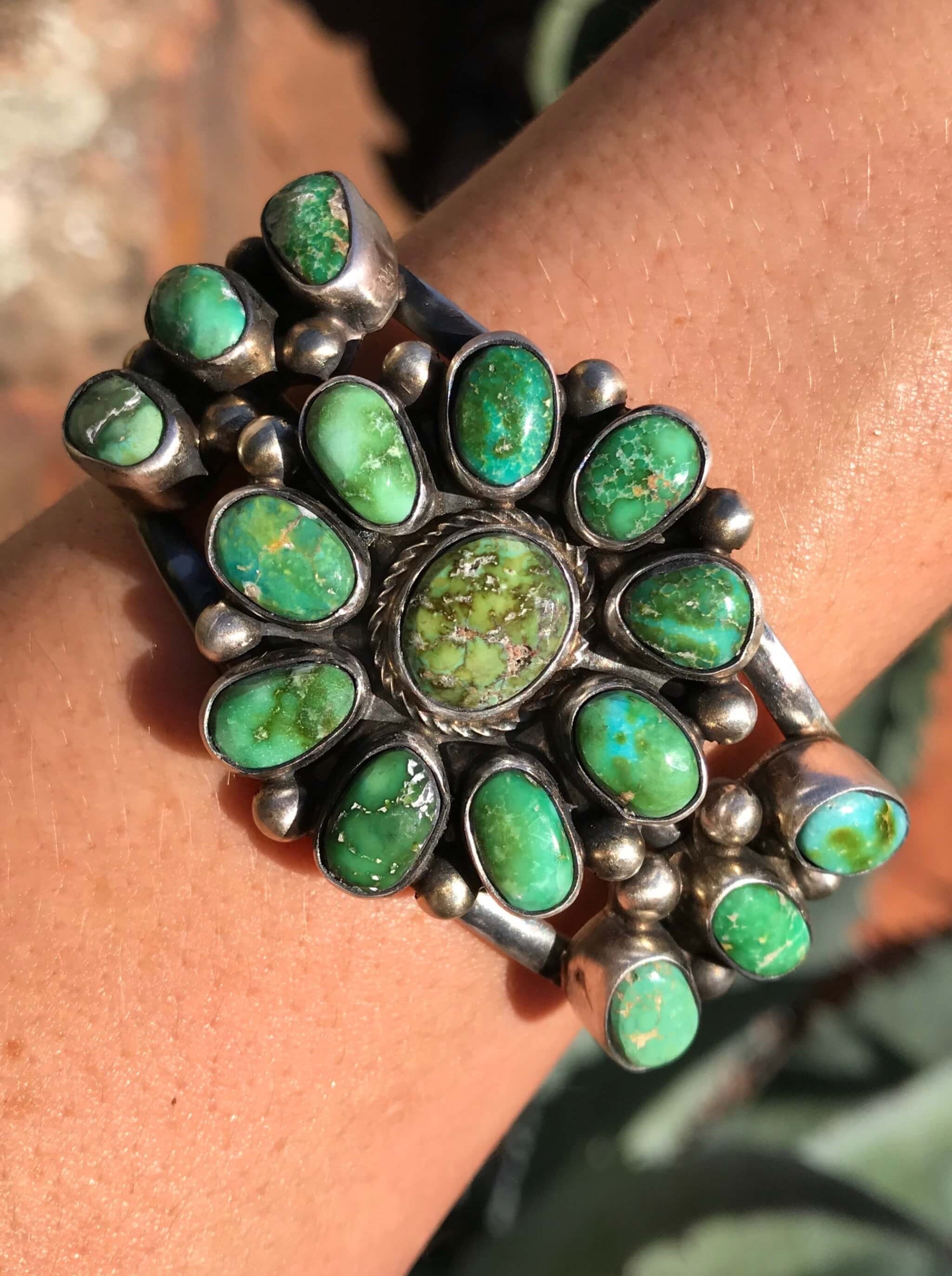 The Crowley Turquoise Cluster Cuff-Bracelets & Cuffs-Calli Co., Turquoise and Silver Jewelry, Native American Handmade, Zuni Tribe, Navajo Tribe, Brock Texas