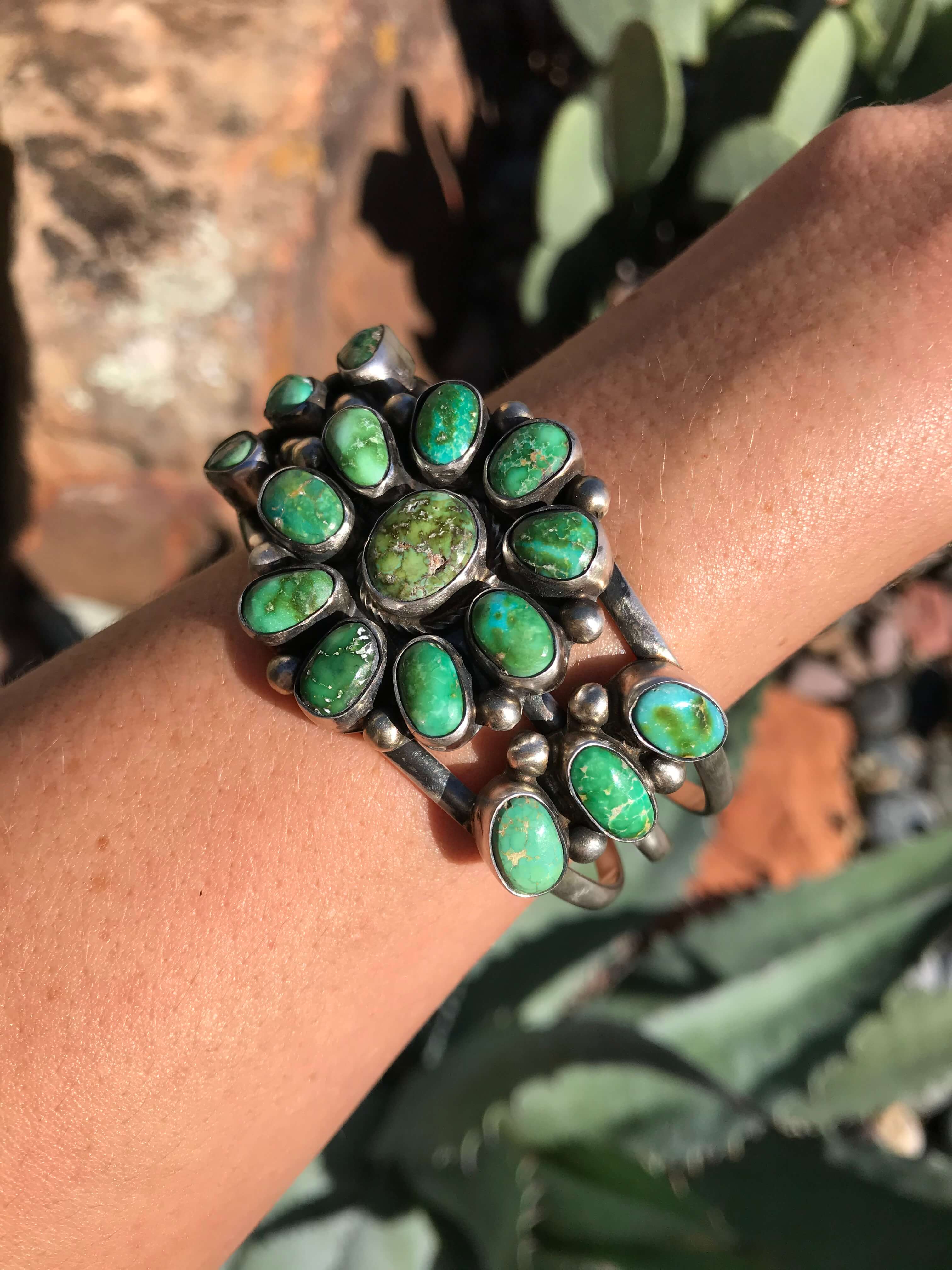 The Crowley Turquoise Cluster Cuff-Bracelets & Cuffs-Calli Co., Turquoise and Silver Jewelry, Native American Handmade, Zuni Tribe, Navajo Tribe, Brock Texas