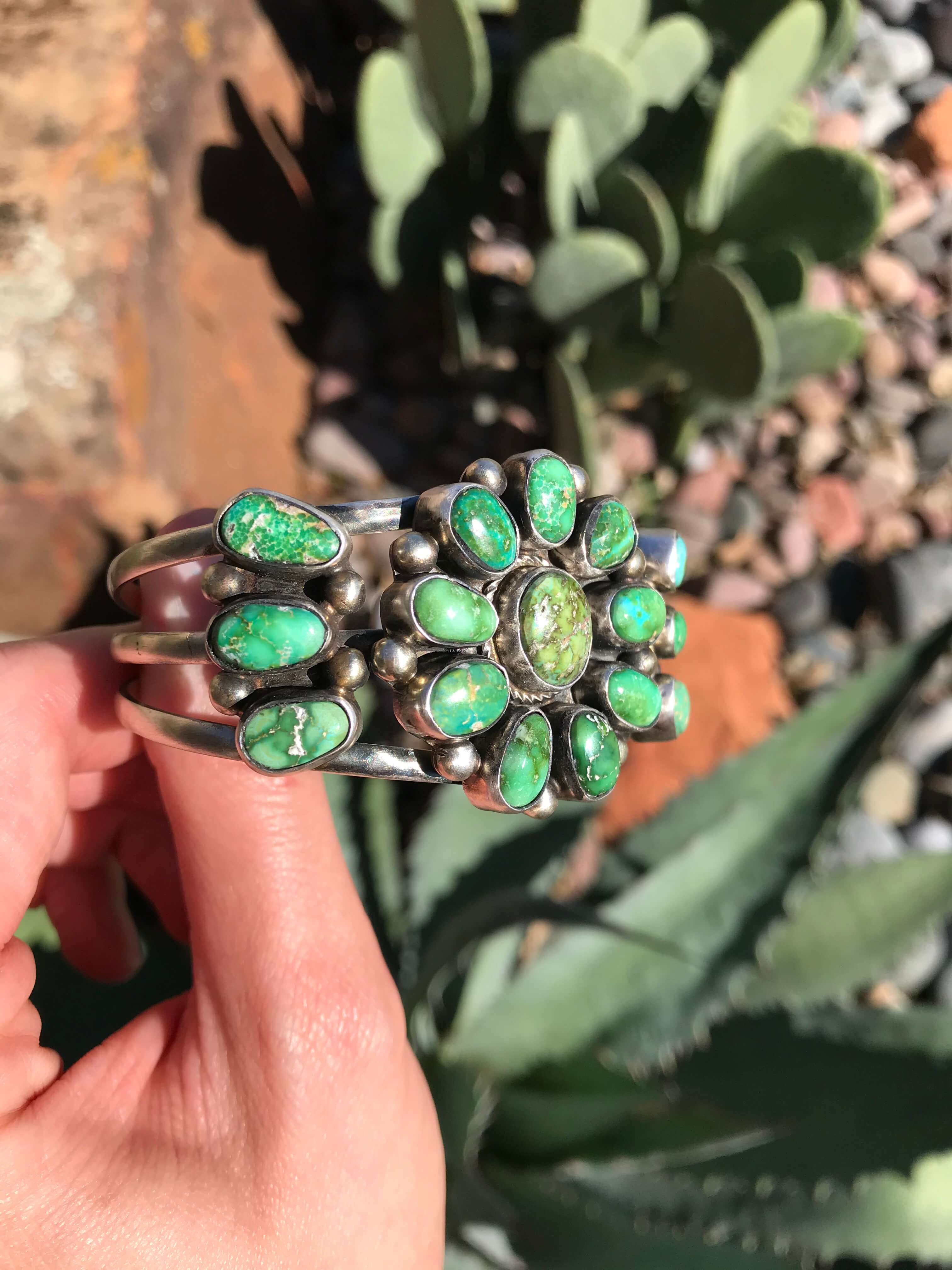 The Crowley Turquoise Cluster Cuff-Bracelets & Cuffs-Calli Co., Turquoise and Silver Jewelry, Native American Handmade, Zuni Tribe, Navajo Tribe, Brock Texas