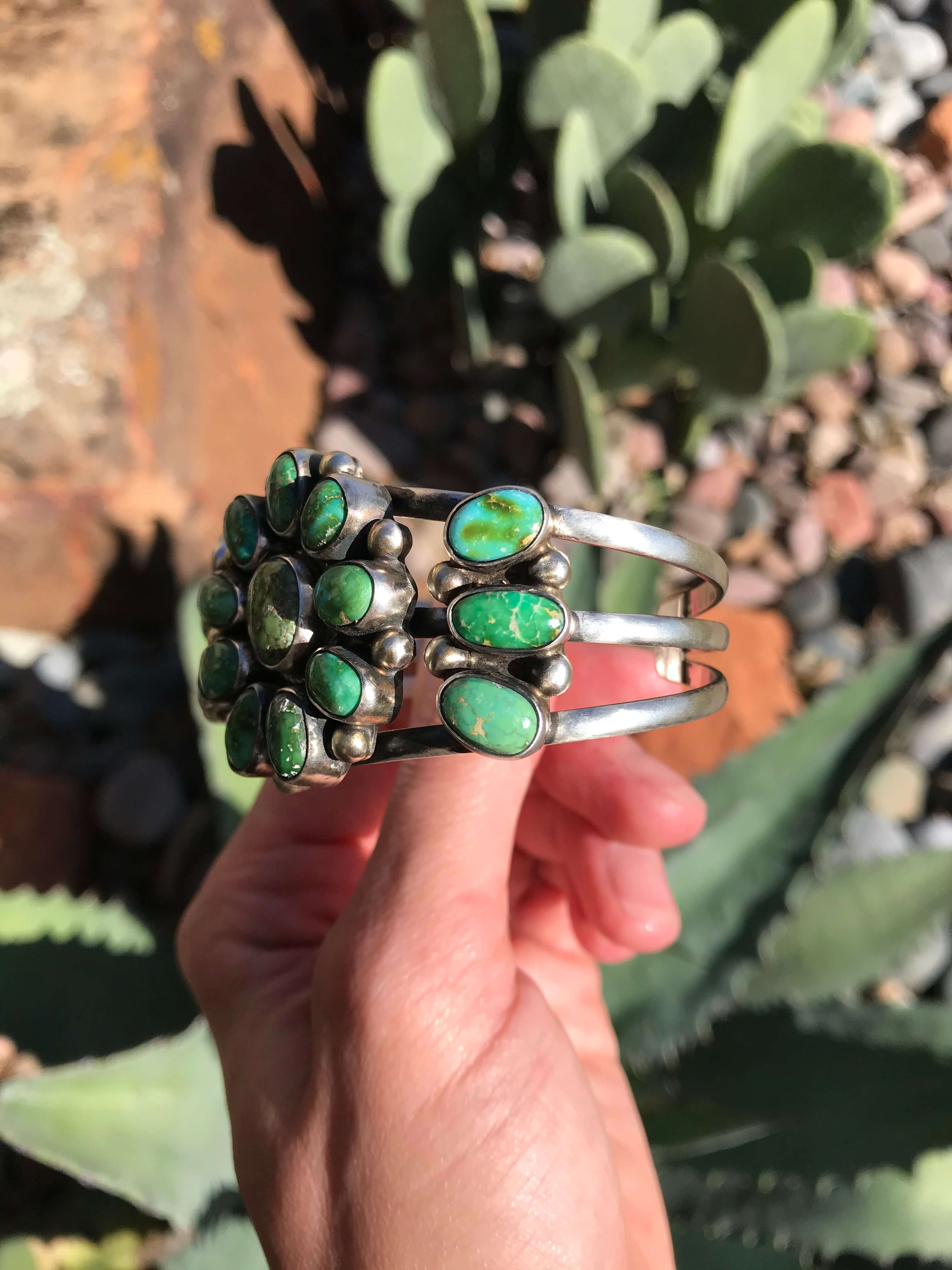 The Crowley Turquoise Cluster Cuff-Bracelets & Cuffs-Calli Co., Turquoise and Silver Jewelry, Native American Handmade, Zuni Tribe, Navajo Tribe, Brock Texas