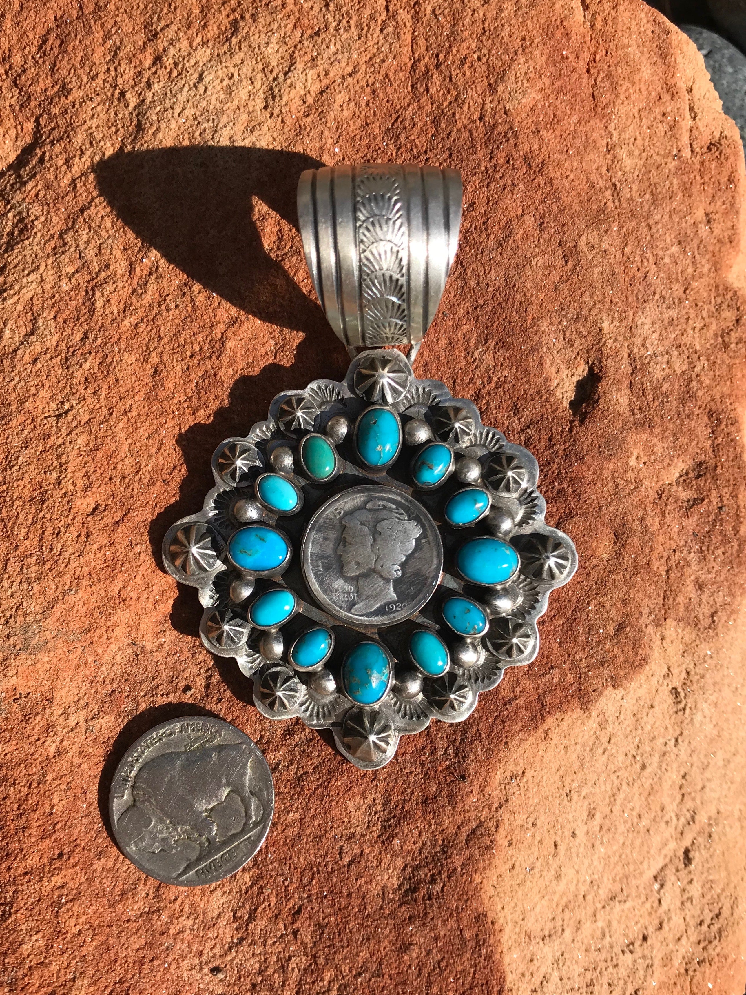 The Abriell Turquoise and Mercury Dime Pendant-Pendants-Calli Co., Turquoise and Silver Jewelry, Native American Handmade, Zuni Tribe, Navajo Tribe, Brock Texas