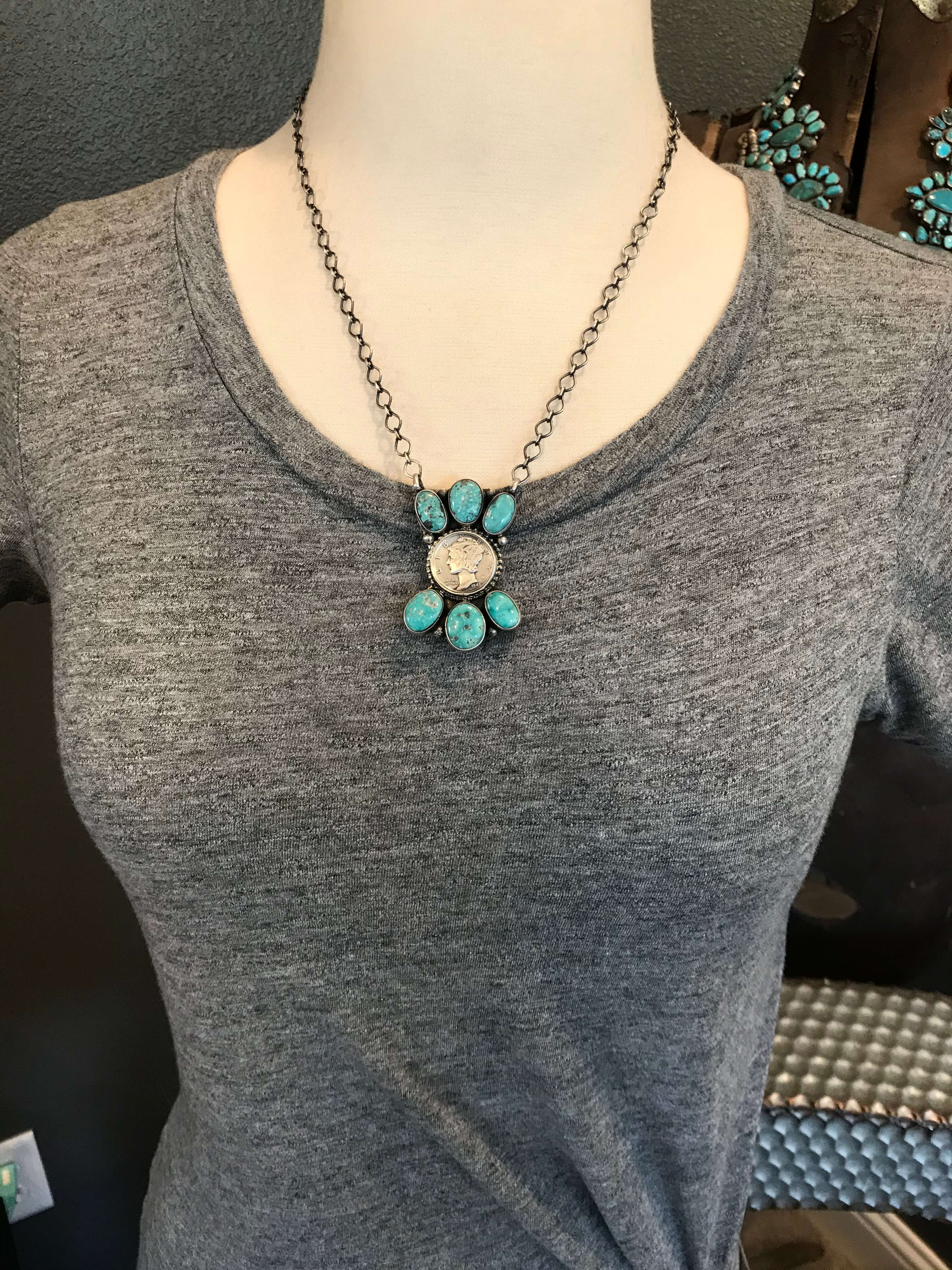 The Aggie Mercury Dime Necklace, 1-Necklaces-Calli Co., Turquoise and Silver Jewelry, Native American Handmade, Zuni Tribe, Navajo Tribe, Brock Texas