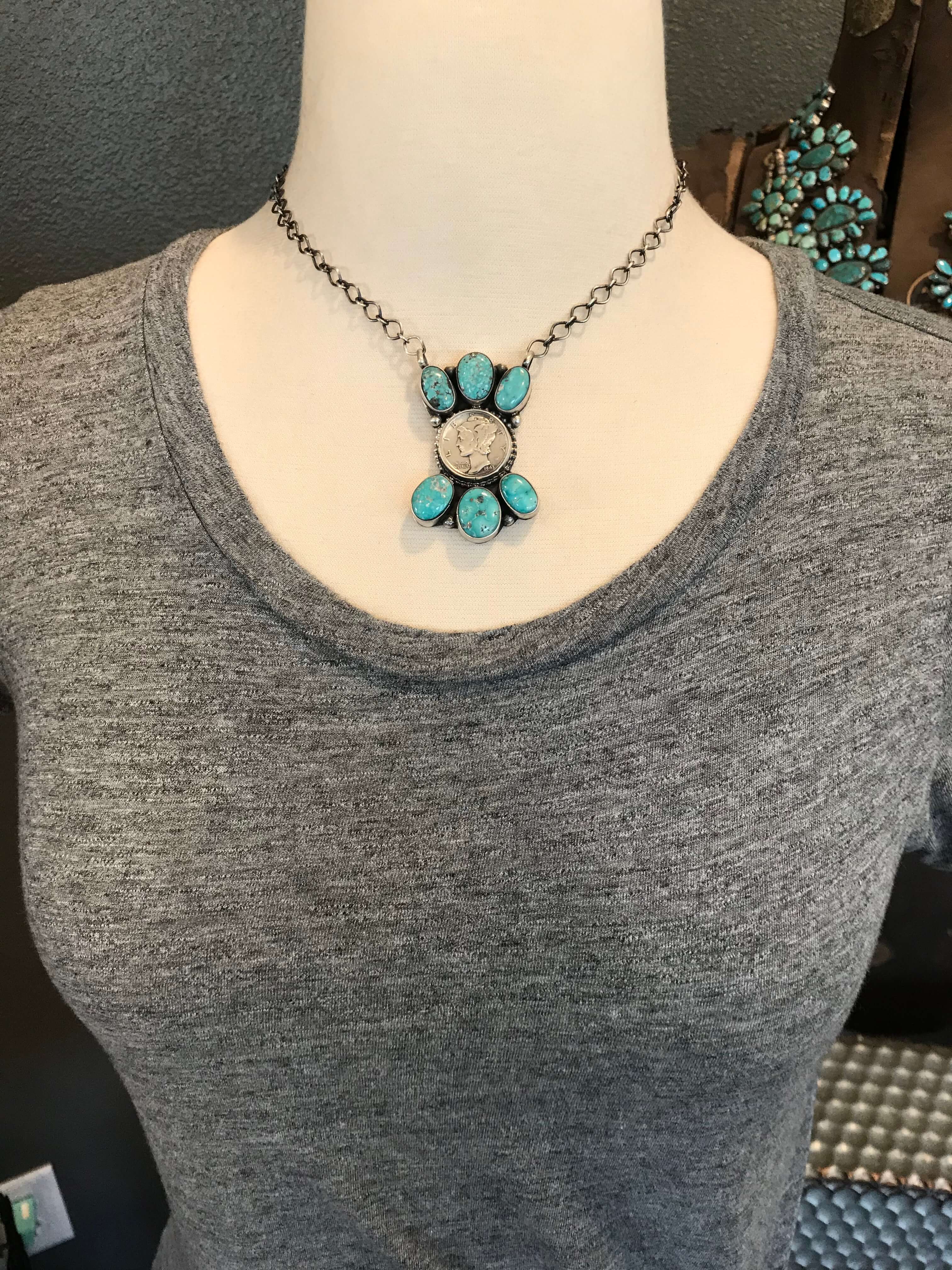 The Aggie Mercury Dime Necklace, 1-Necklaces-Calli Co., Turquoise and Silver Jewelry, Native American Handmade, Zuni Tribe, Navajo Tribe, Brock Texas