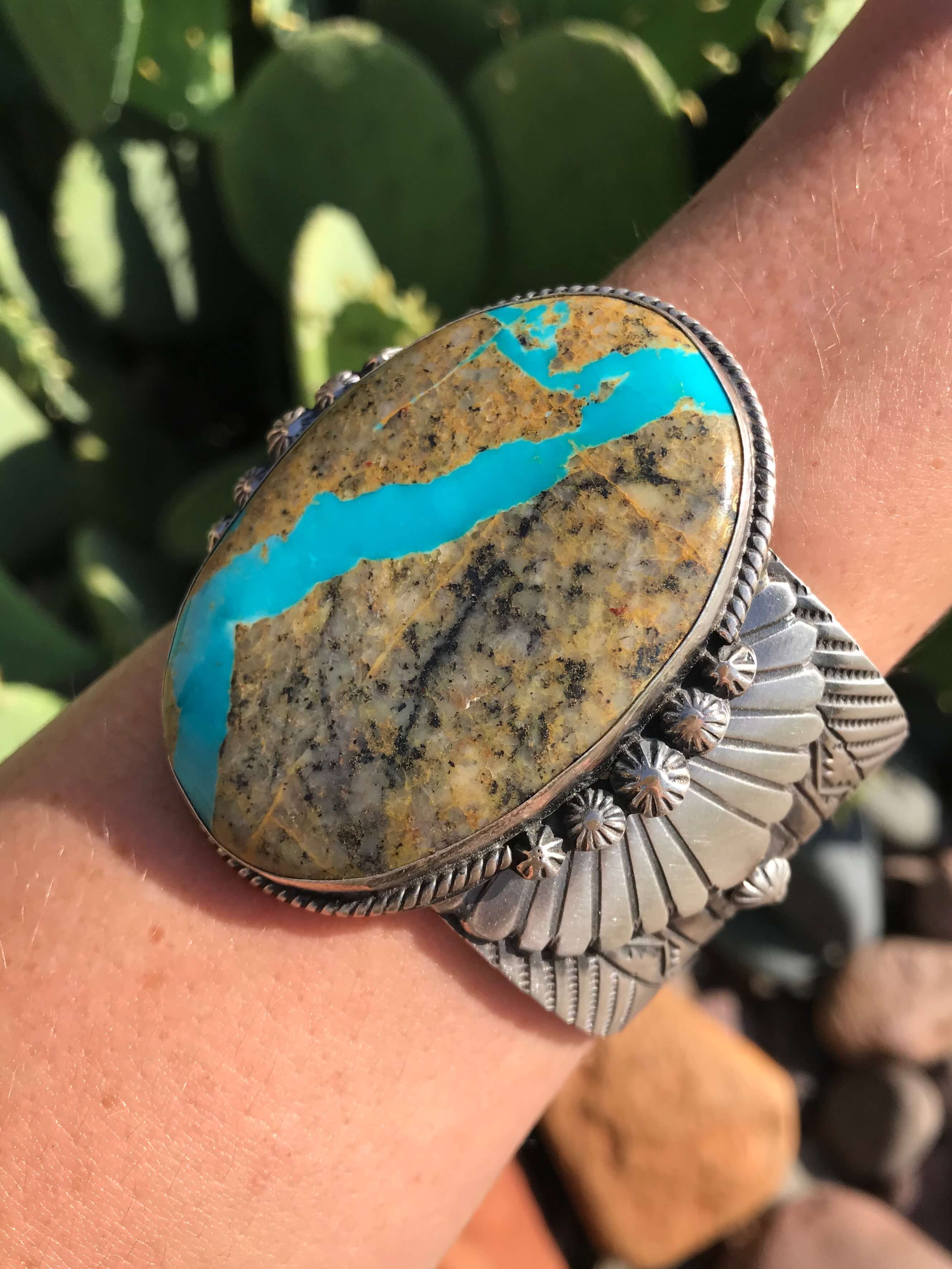 The Enrico Turquoise Ribbon Statement Cuff-Bracelets & Cuffs-Calli Co., Turquoise and Silver Jewelry, Native American Handmade, Zuni Tribe, Navajo Tribe, Brock Texas
