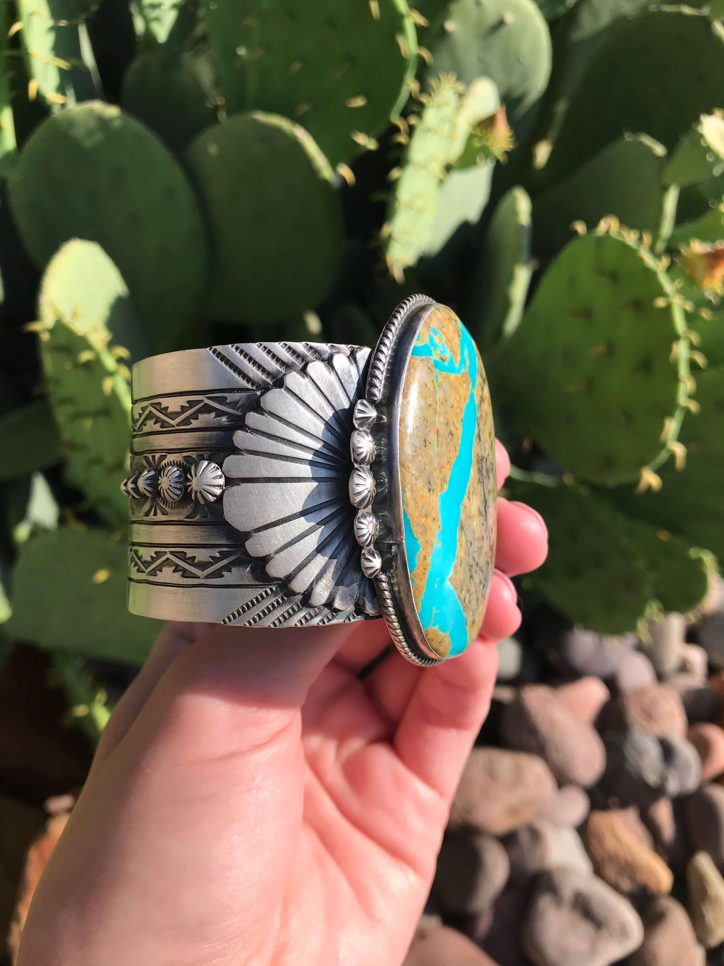 The Enrico Turquoise Ribbon Statement Cuff-Bracelets & Cuffs-Calli Co., Turquoise and Silver Jewelry, Native American Handmade, Zuni Tribe, Navajo Tribe, Brock Texas