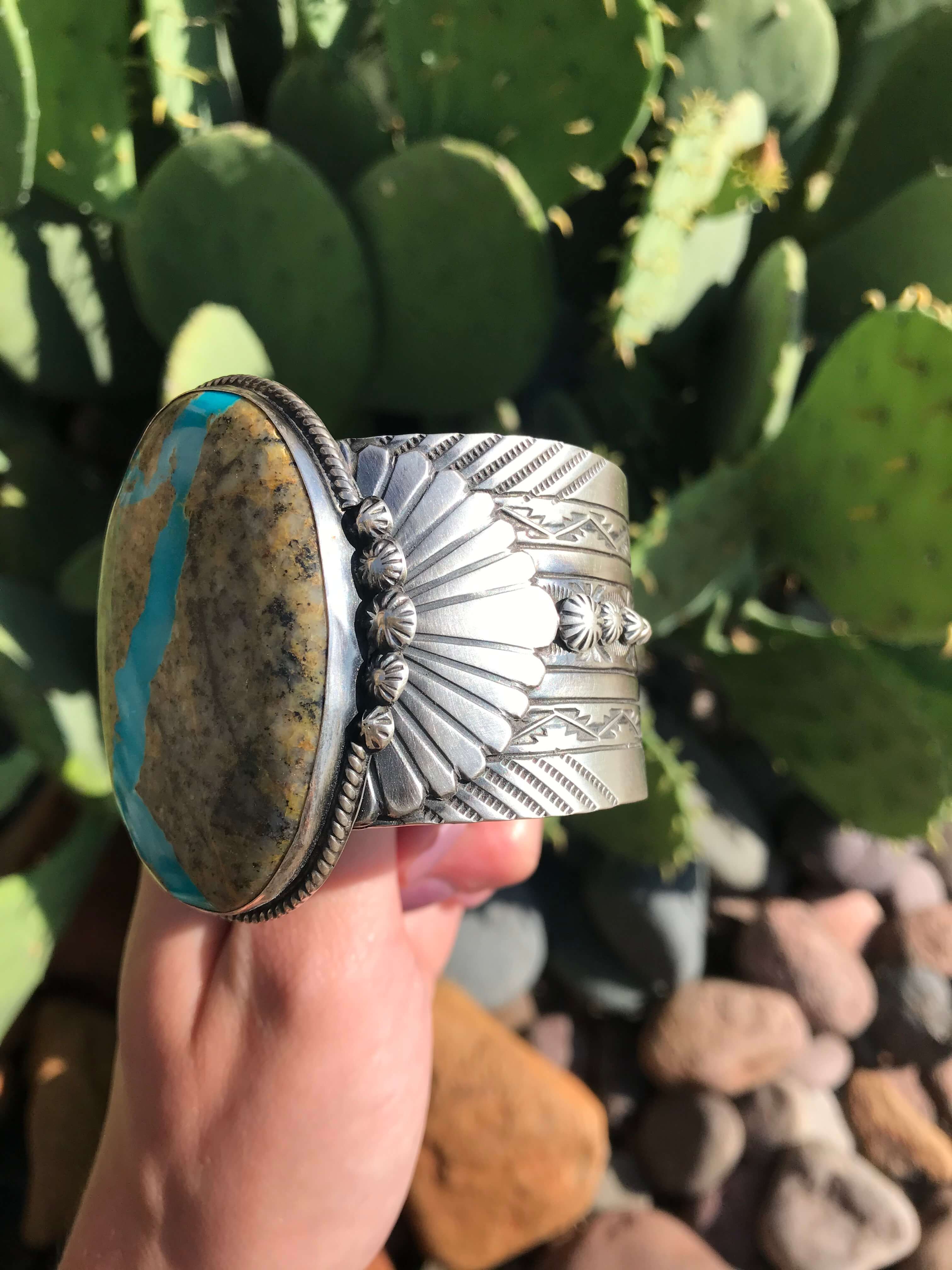 The Enrico Turquoise Ribbon Statement Cuff-Bracelets & Cuffs-Calli Co., Turquoise and Silver Jewelry, Native American Handmade, Zuni Tribe, Navajo Tribe, Brock Texas