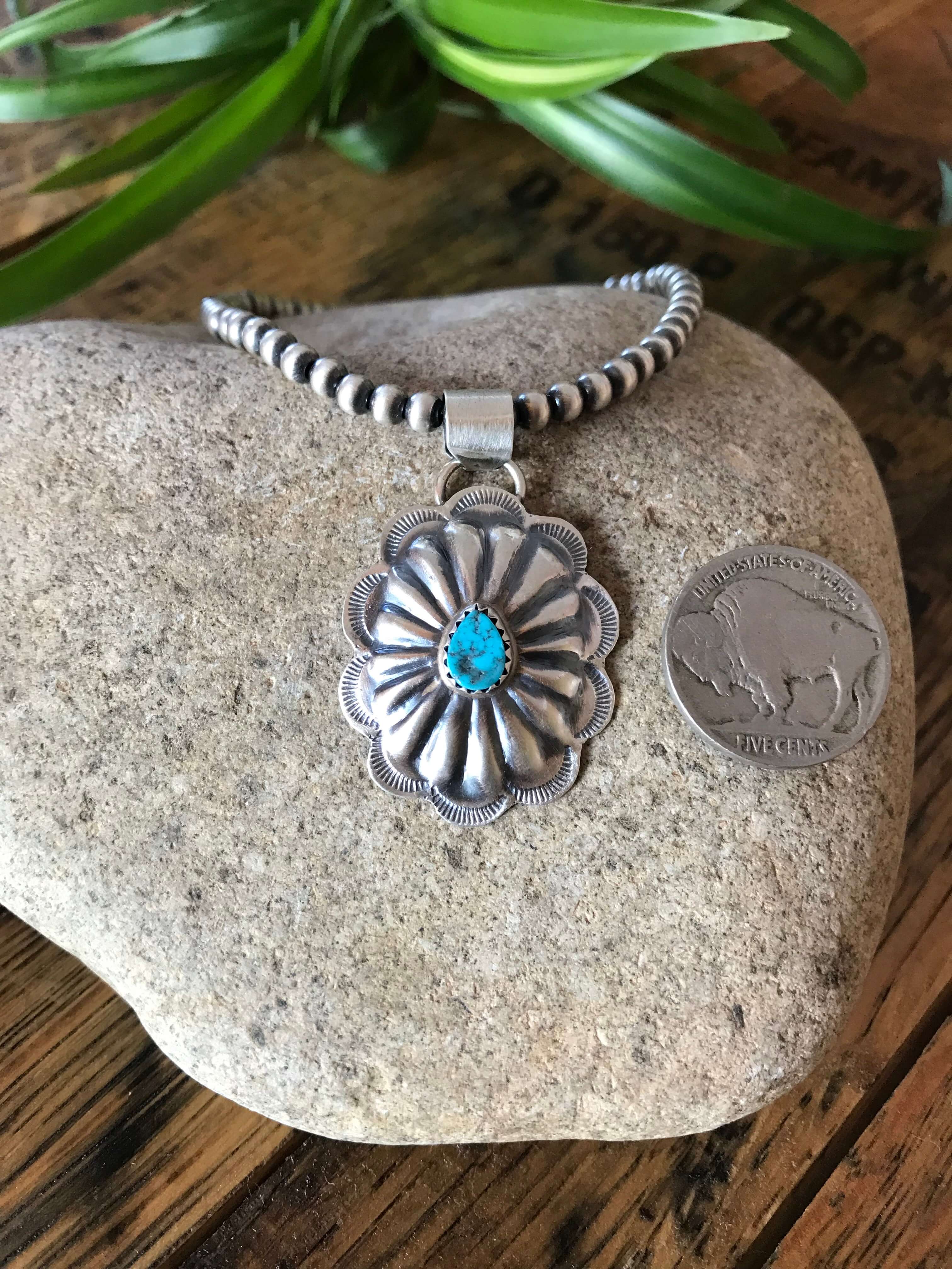 The Fawn Turquoise Concho Pendant-Pendants-Calli Co., Turquoise and Silver Jewelry, Native American Handmade, Zuni Tribe, Navajo Tribe, Brock Texas