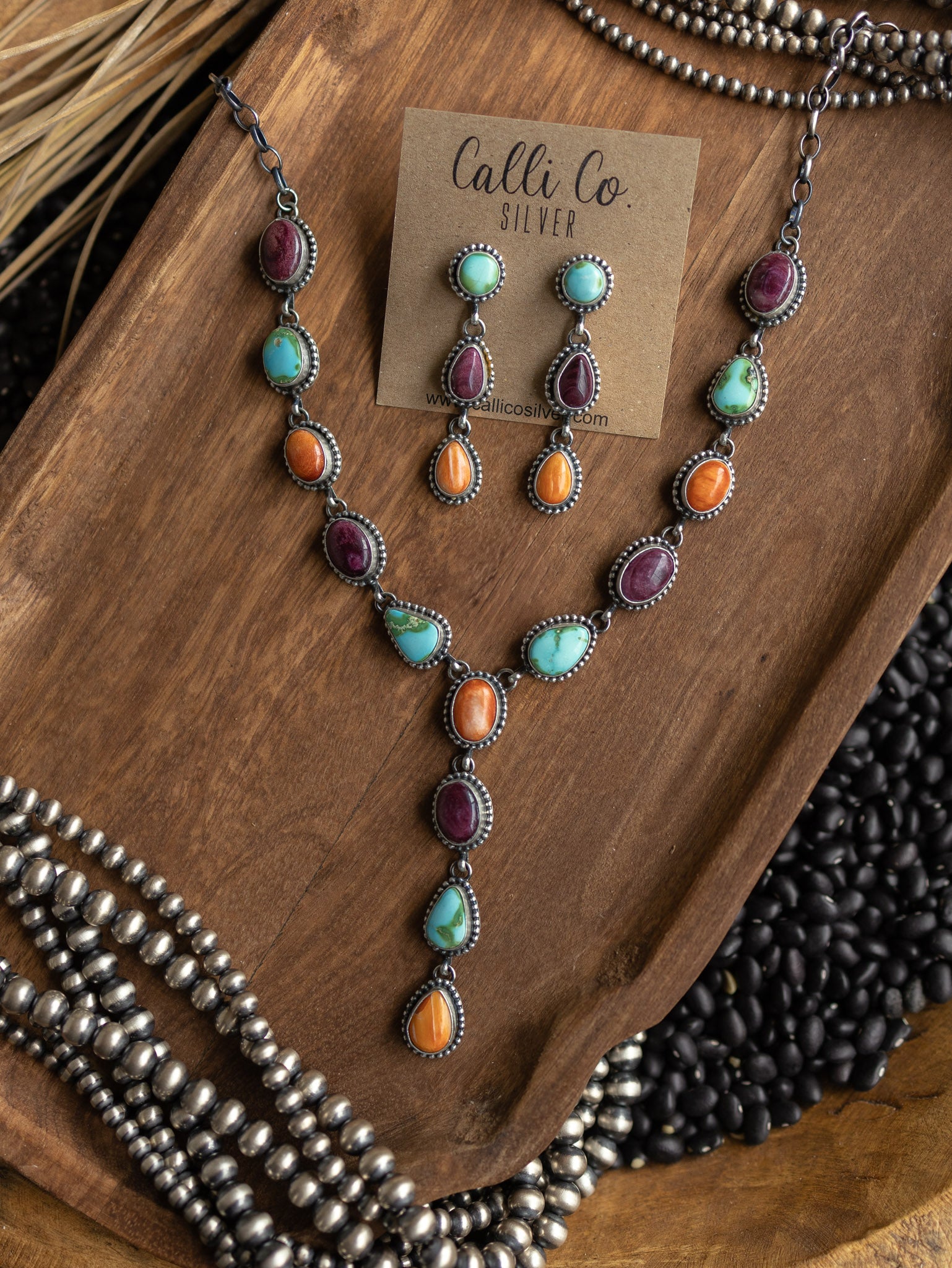 The Gaia Turquoise and Spiny Oyster Lariat Necklace Set-Necklaces-Calli Co., Turquoise and Silver Jewelry, Native American Handmade, Zuni Tribe, Navajo Tribe, Brock Texas