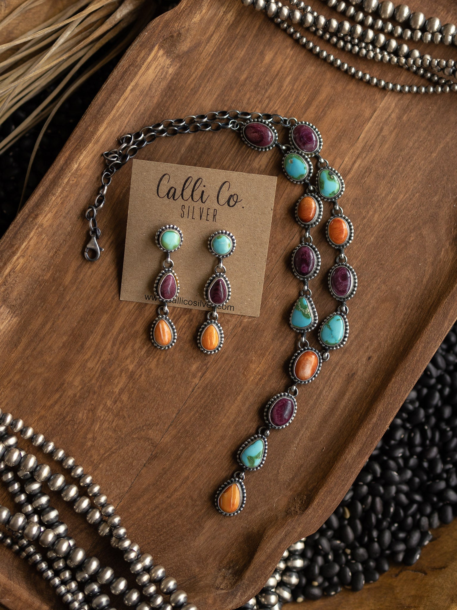 The Gaia Turquoise and Spiny Oyster Lariat Necklace Set-Necklaces-Calli Co., Turquoise and Silver Jewelry, Native American Handmade, Zuni Tribe, Navajo Tribe, Brock Texas