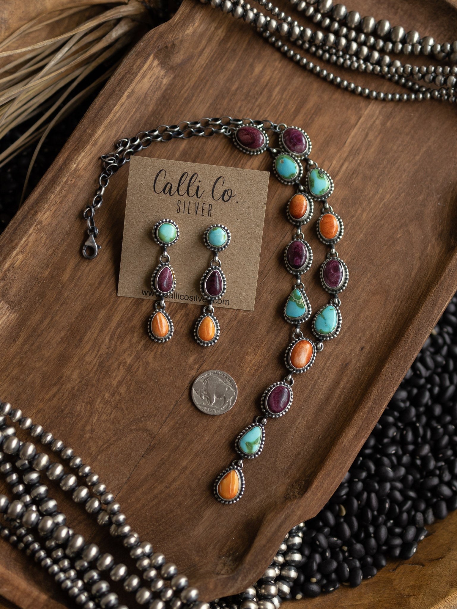 The Gaia Turquoise and Spiny Oyster Lariat Necklace Set-Necklaces-Calli Co., Turquoise and Silver Jewelry, Native American Handmade, Zuni Tribe, Navajo Tribe, Brock Texas