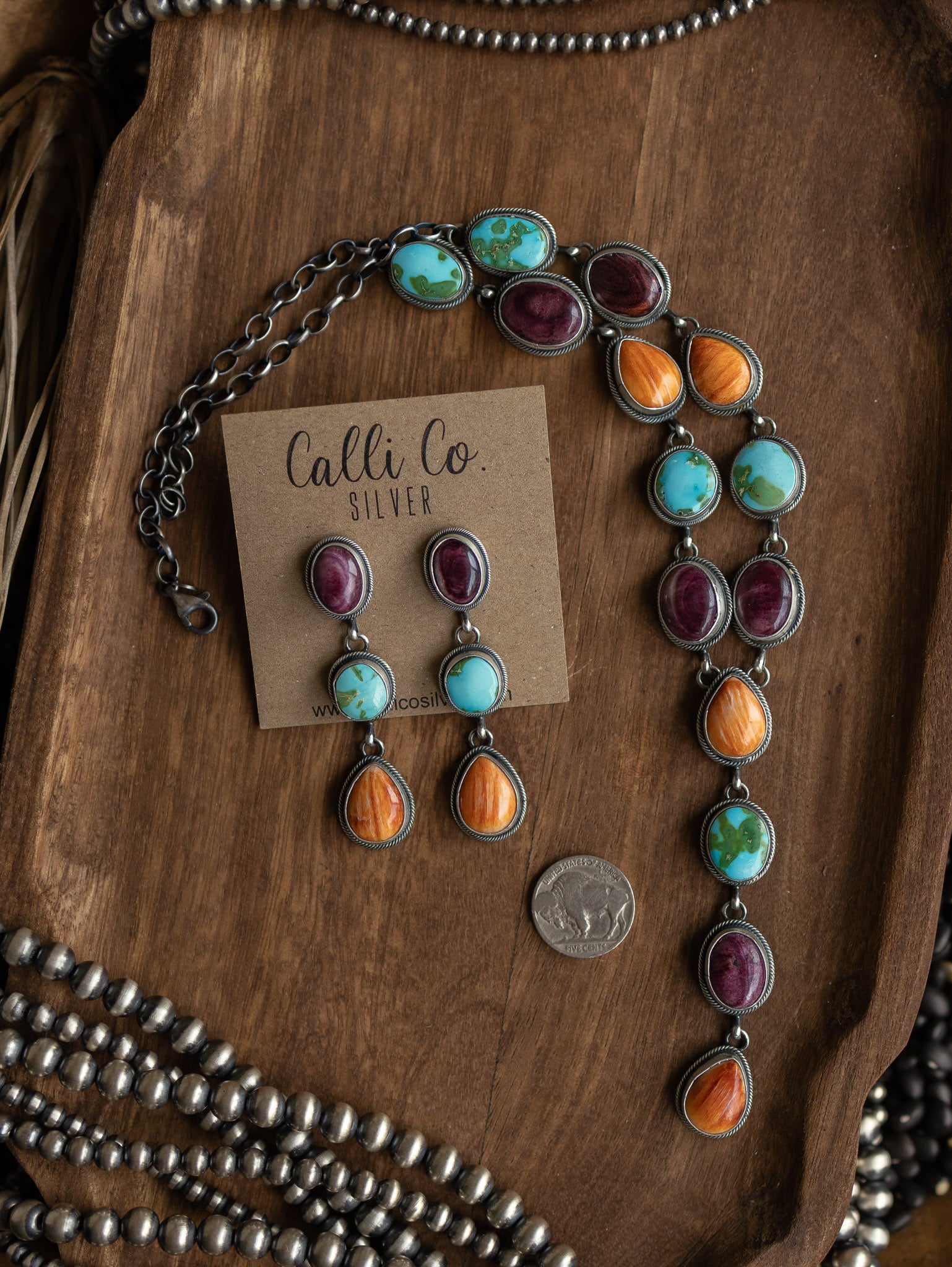 The Alston Turquoise and Spiny Oyster Lariat Necklace Set-Necklaces-Calli Co., Turquoise and Silver Jewelry, Native American Handmade, Zuni Tribe, Navajo Tribe, Brock Texas