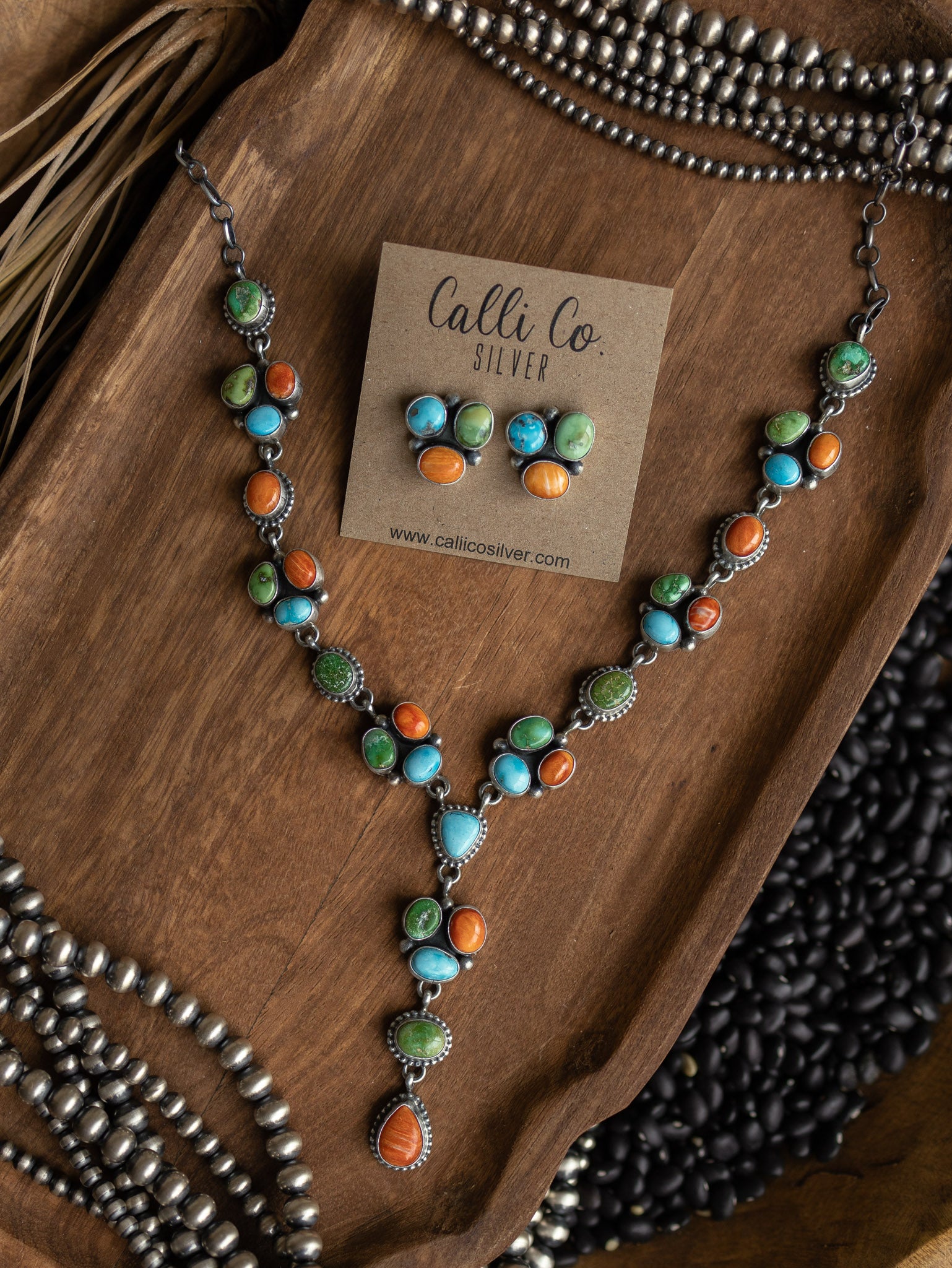 The Ozona Orange Spiny Oyster and Turquoise Lariat Necklace Set-Necklaces-Calli Co., Turquoise and Silver Jewelry, Native American Handmade, Zuni Tribe, Navajo Tribe, Brock Texas