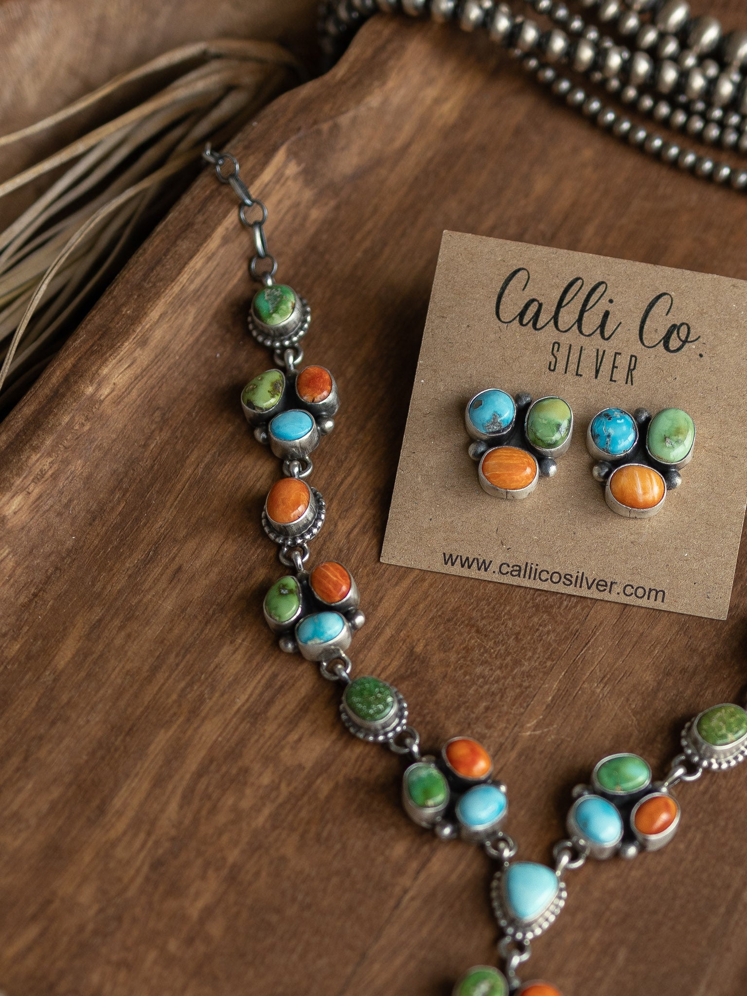 The Ozona Orange Spiny Oyster and Turquoise Lariat Necklace Set-Necklaces-Calli Co., Turquoise and Silver Jewelry, Native American Handmade, Zuni Tribe, Navajo Tribe, Brock Texas