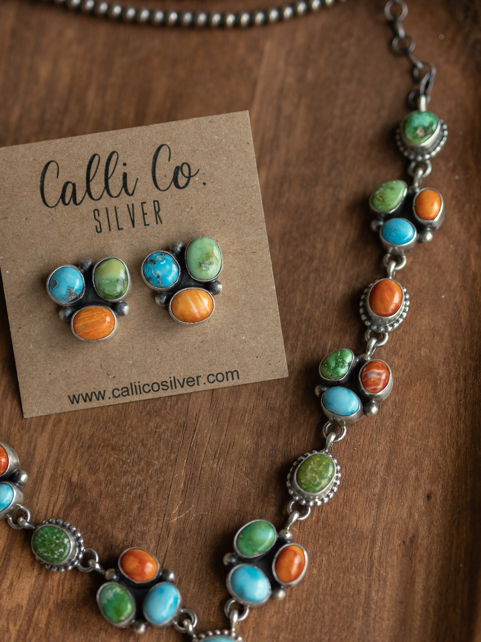 The Ozona Orange Spiny Oyster and Turquoise Lariat Necklace Set-Necklaces-Calli Co., Turquoise and Silver Jewelry, Native American Handmade, Zuni Tribe, Navajo Tribe, Brock Texas