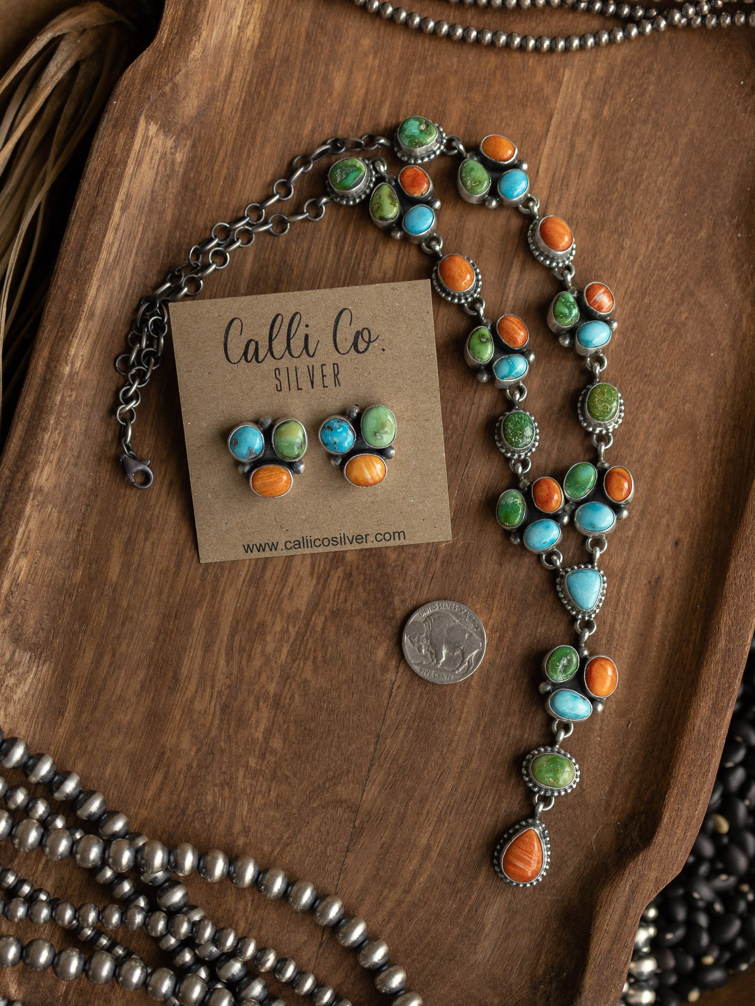 The Ozona Orange Spiny Oyster and Turquoise Lariat Necklace Set-Necklaces-Calli Co., Turquoise and Silver Jewelry, Native American Handmade, Zuni Tribe, Navajo Tribe, Brock Texas