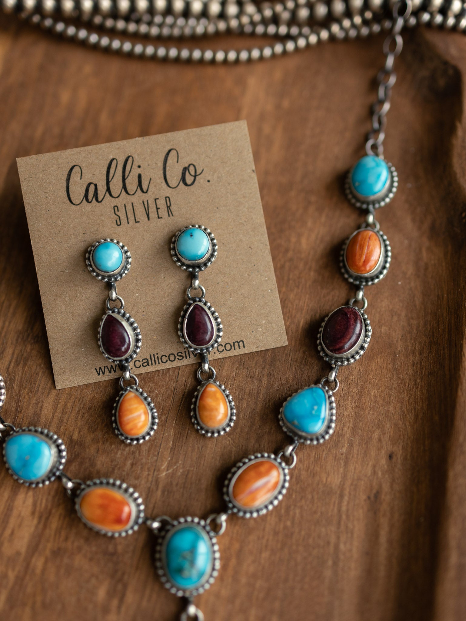 The Sedalia Turquoise and Spiny Lariat Necklace Set-Necklaces-Calli Co., Turquoise and Silver Jewelry, Native American Handmade, Zuni Tribe, Navajo Tribe, Brock Texas