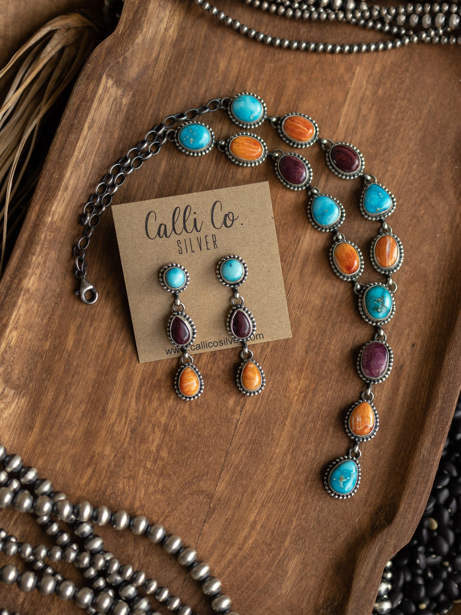 The Sedalia Turquoise and Spiny Lariat Necklace Set-Necklaces-Calli Co., Turquoise and Silver Jewelry, Native American Handmade, Zuni Tribe, Navajo Tribe, Brock Texas