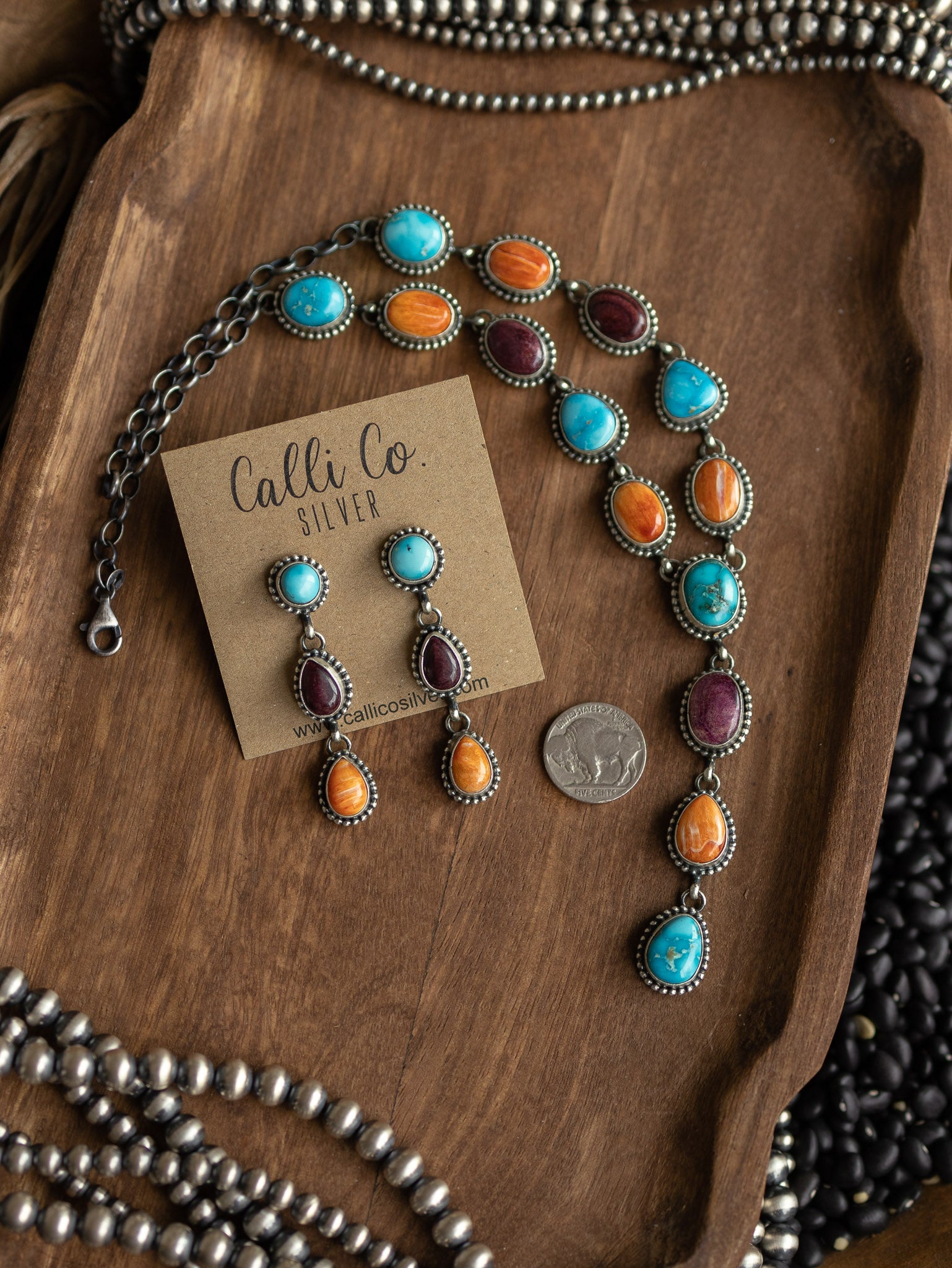 The Sedalia Turquoise and Spiny Lariat Necklace Set-Necklaces-Calli Co., Turquoise and Silver Jewelry, Native American Handmade, Zuni Tribe, Navajo Tribe, Brock Texas