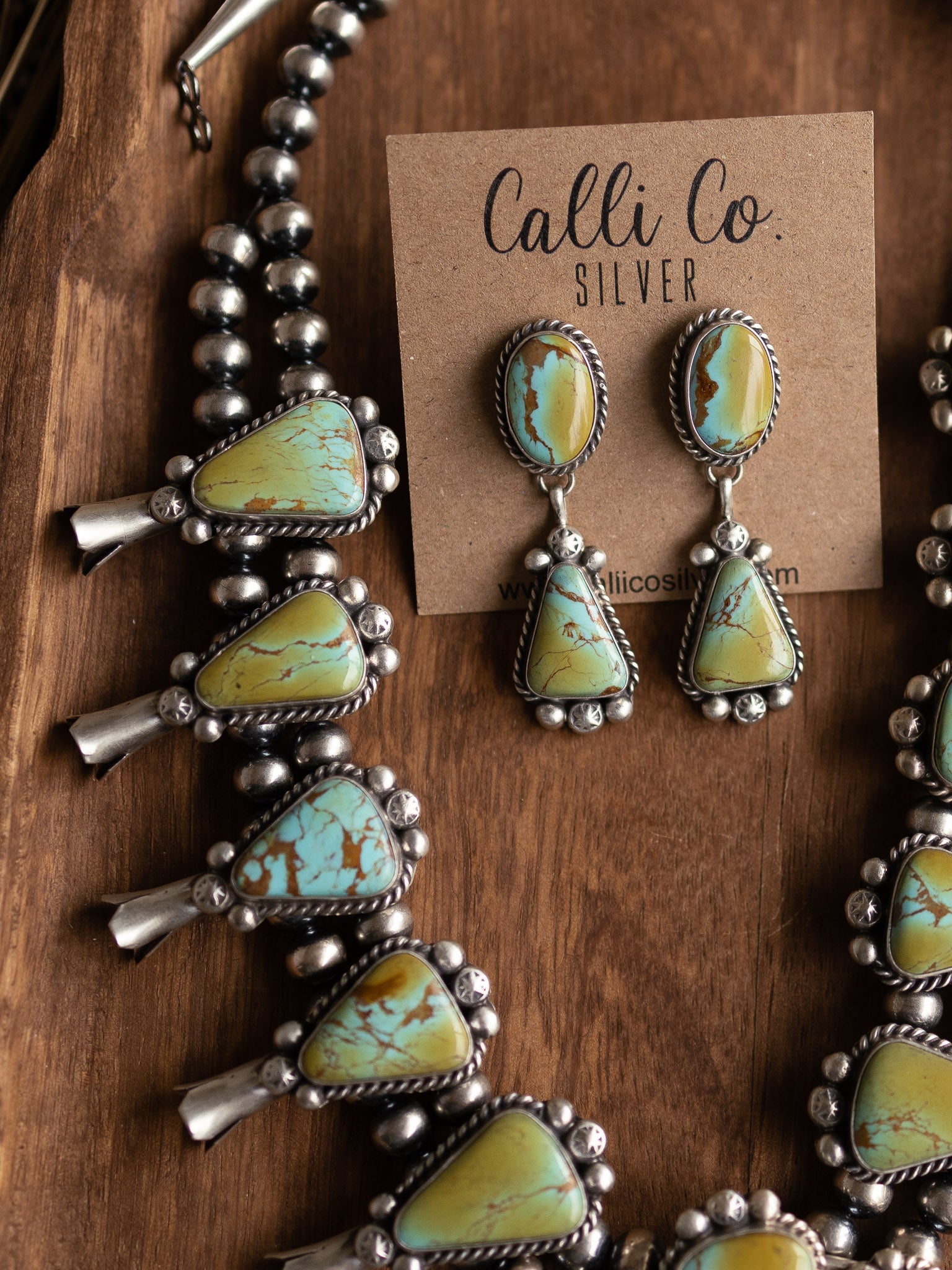 The Carson Turquoise Squash Blossom Necklace Set-Necklaces-Calli Co., Turquoise and Silver Jewelry, Native American Handmade, Zuni Tribe, Navajo Tribe, Brock Texas