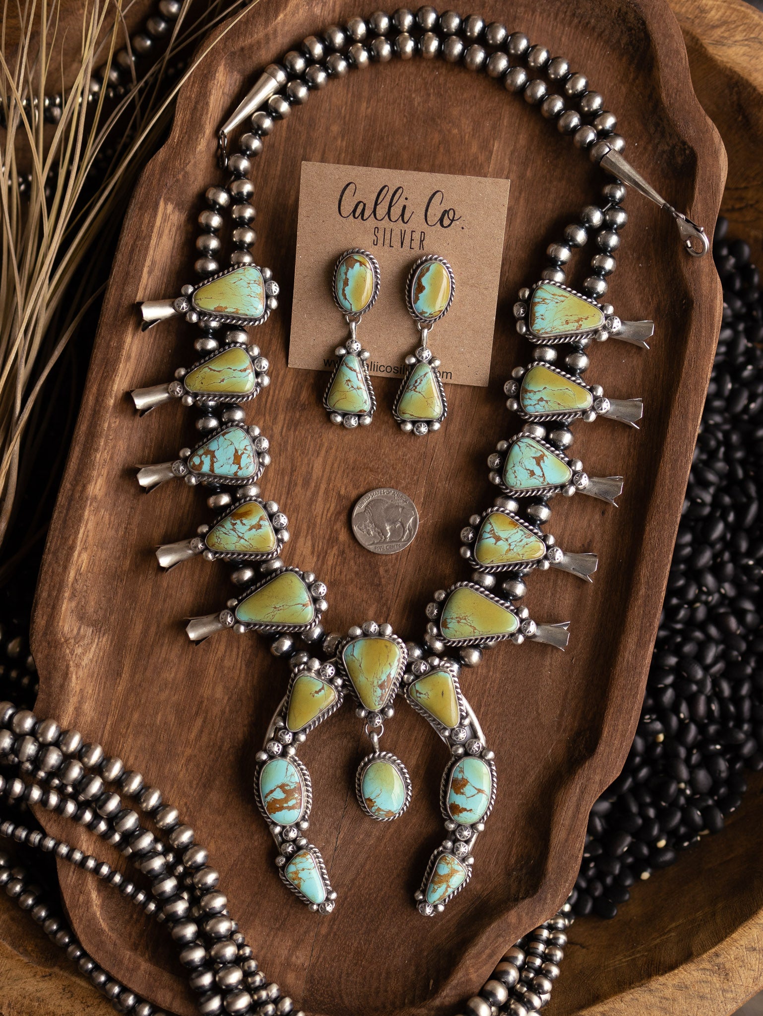 The Carson Turquoise Squash Blossom Necklace Set-Necklaces-Calli Co., Turquoise and Silver Jewelry, Native American Handmade, Zuni Tribe, Navajo Tribe, Brock Texas