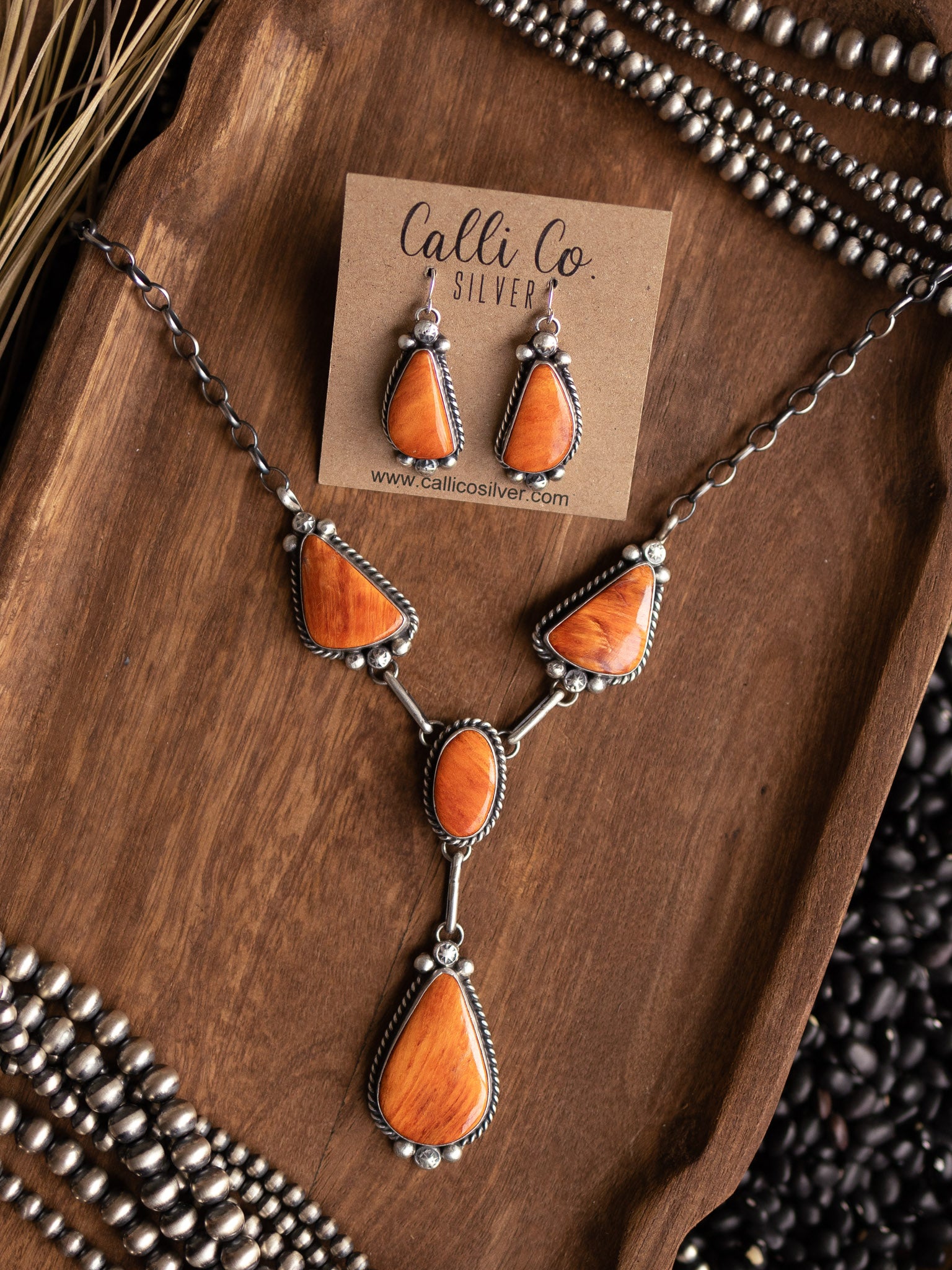 The Breslin Orange Spiny Lariat Necklace Set-Necklaces-Calli Co., Turquoise and Silver Jewelry, Native American Handmade, Zuni Tribe, Navajo Tribe, Brock Texas