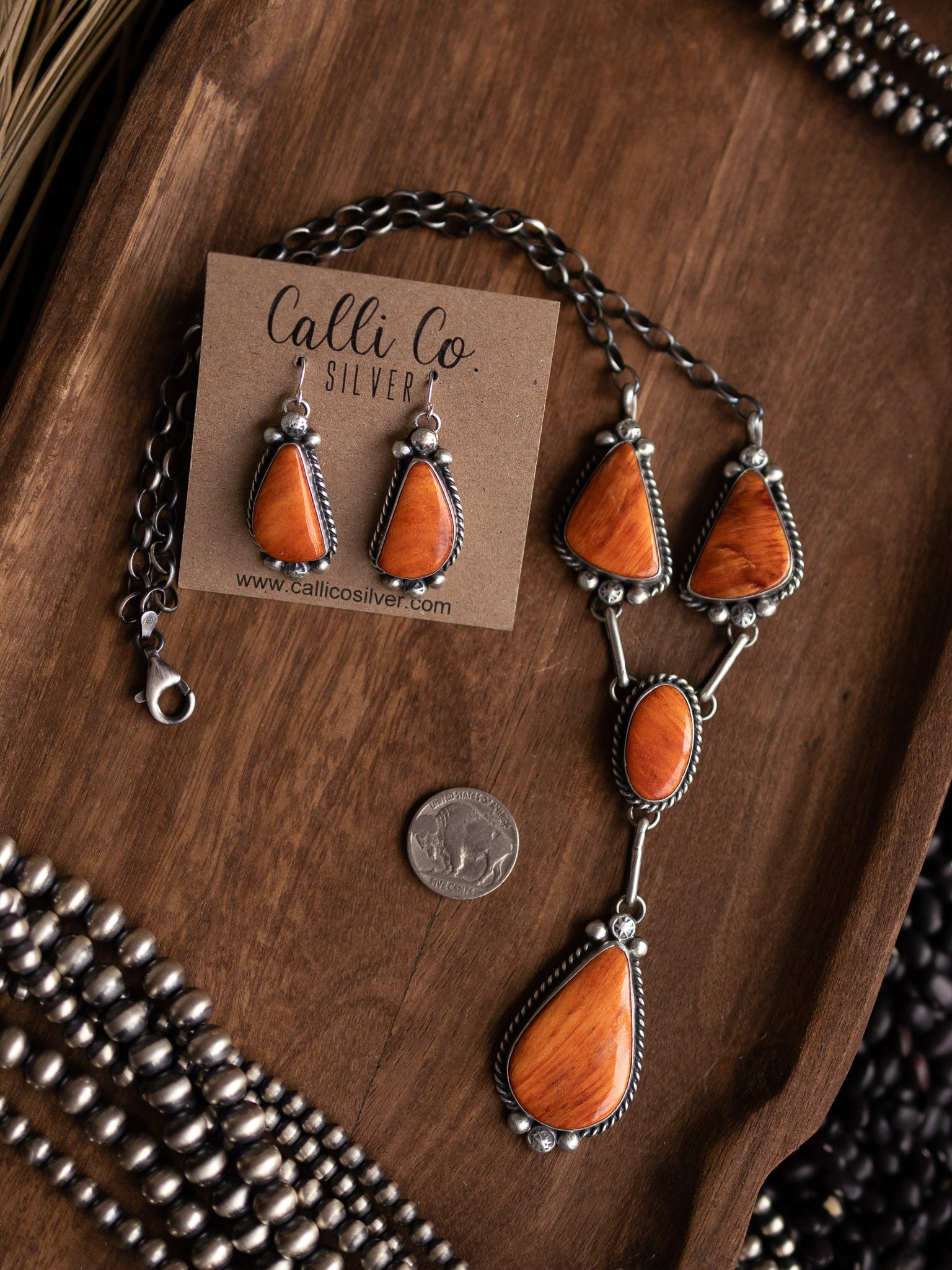 The Breslin Orange Spiny Lariat Necklace Set-Necklaces-Calli Co., Turquoise and Silver Jewelry, Native American Handmade, Zuni Tribe, Navajo Tribe, Brock Texas