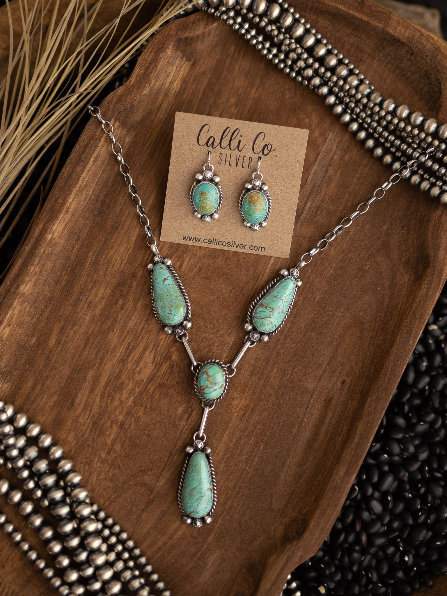 The Bardsey Kingman Lariat Necklace Set-Necklaces-Calli Co., Turquoise and Silver Jewelry, Native American Handmade, Zuni Tribe, Navajo Tribe, Brock Texas