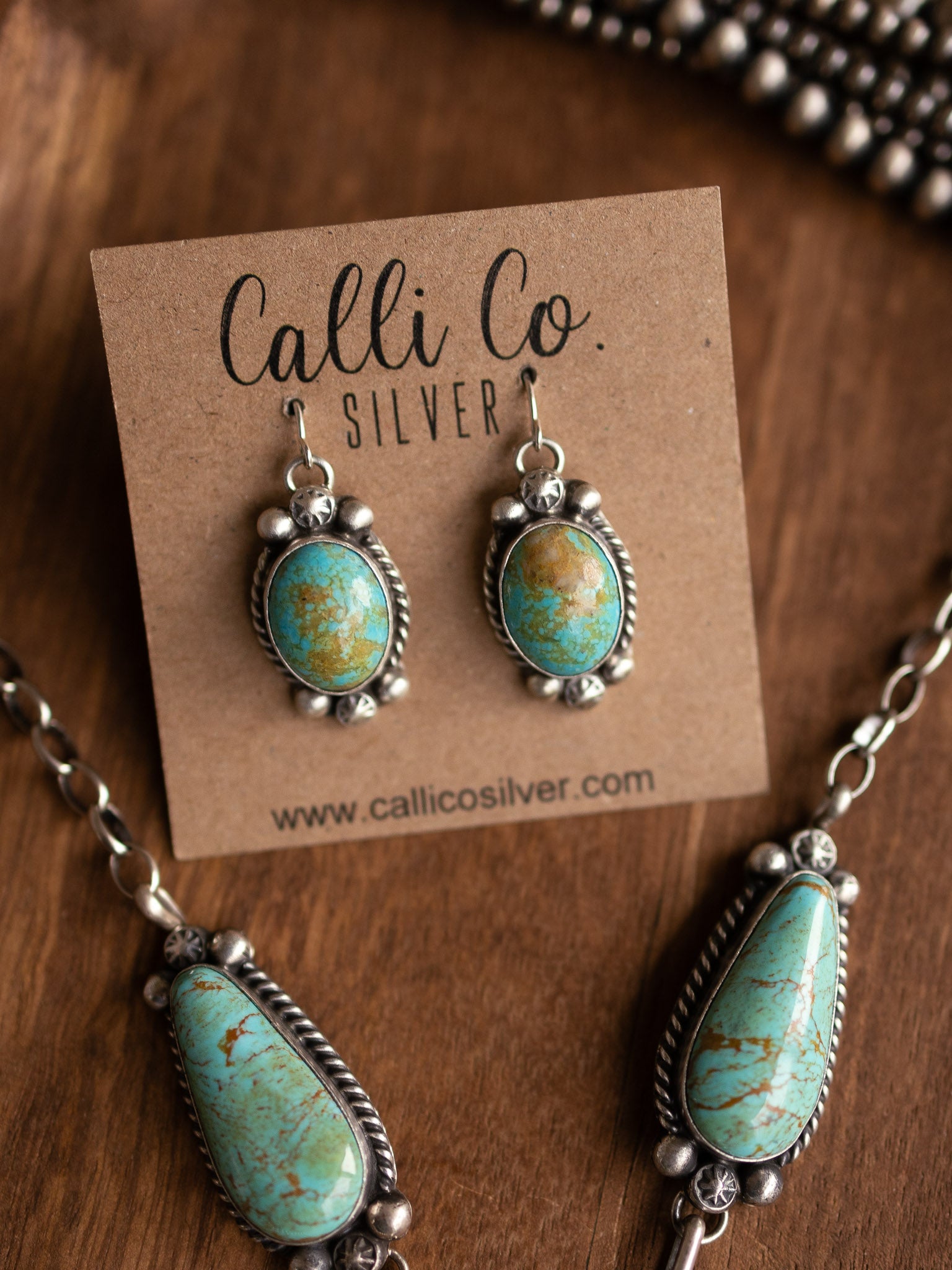 The Bardsey Kingman Lariat Necklace Set-Necklaces-Calli Co., Turquoise and Silver Jewelry, Native American Handmade, Zuni Tribe, Navajo Tribe, Brock Texas