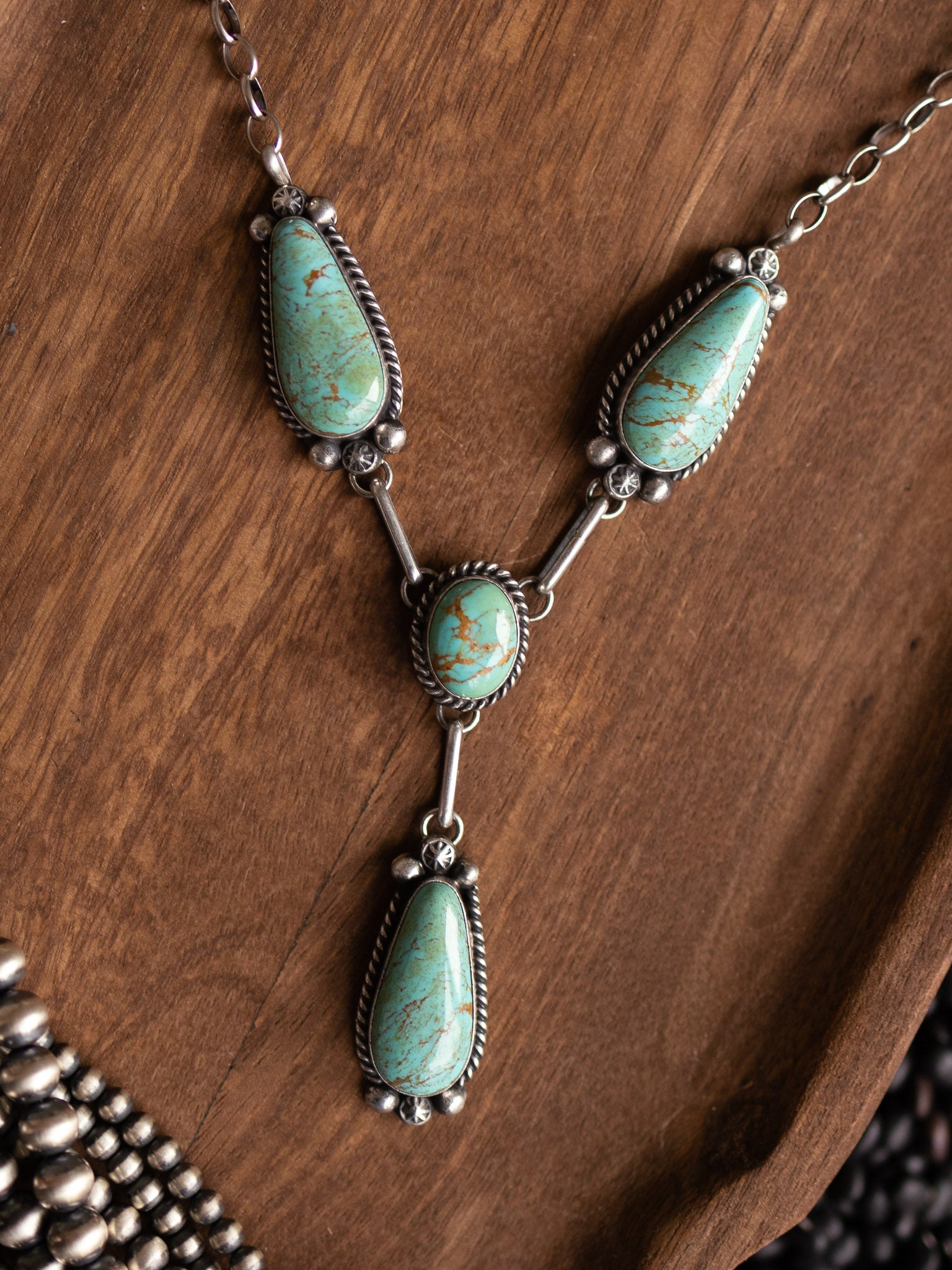 The Bardsey Kingman Lariat Necklace Set-Necklaces-Calli Co., Turquoise and Silver Jewelry, Native American Handmade, Zuni Tribe, Navajo Tribe, Brock Texas