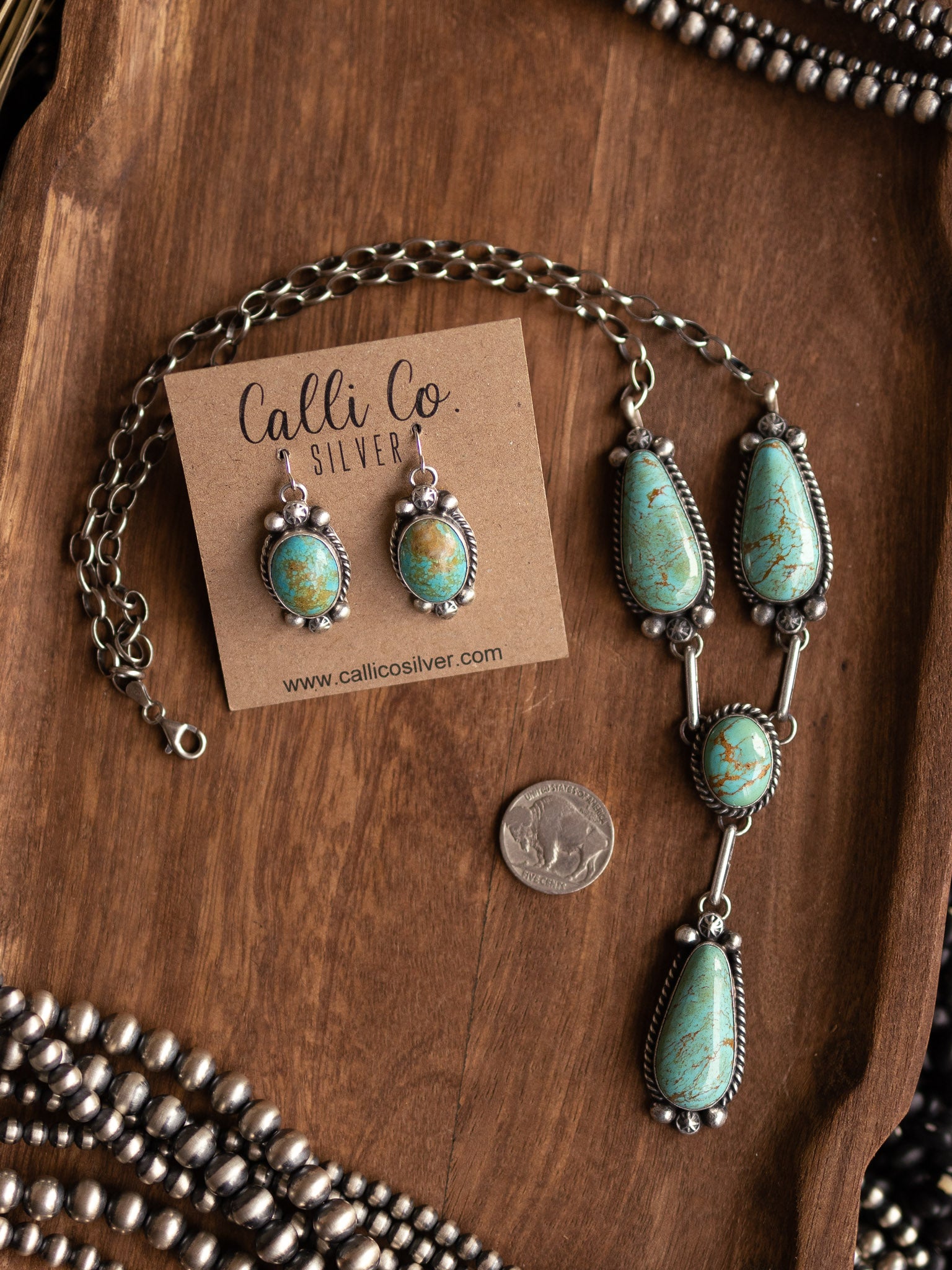 The Bardsey Kingman Lariat Necklace Set-Necklaces-Calli Co., Turquoise and Silver Jewelry, Native American Handmade, Zuni Tribe, Navajo Tribe, Brock Texas