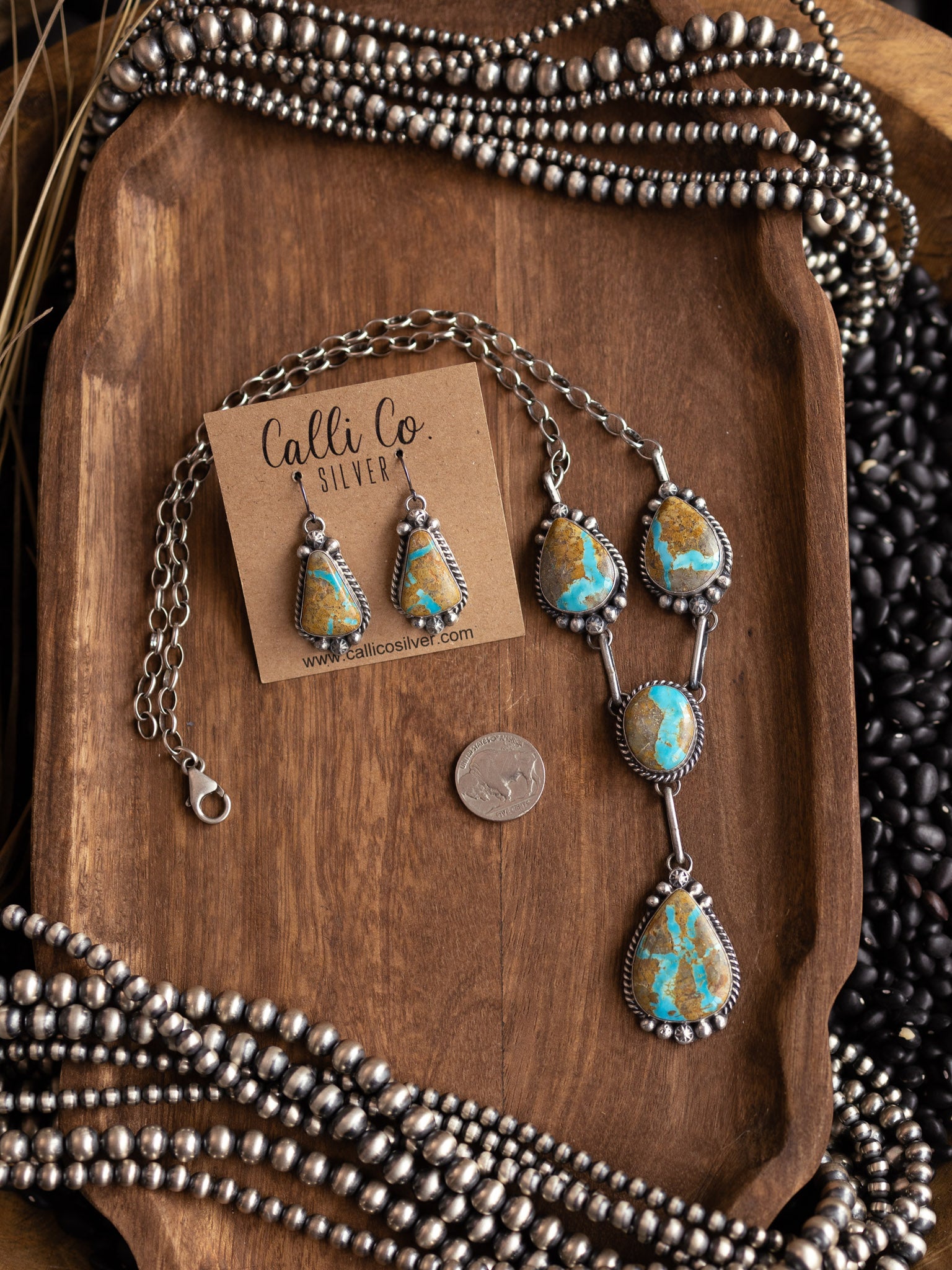 The Muse Turquoise Lariat Necklace Set-Necklaces-Calli Co., Turquoise and Silver Jewelry, Native American Handmade, Zuni Tribe, Navajo Tribe, Brock Texas