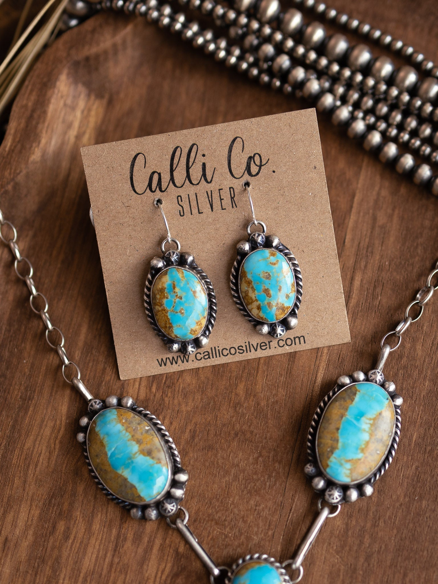 The El Dorado Lariat Necklace Set-Necklaces-Calli Co., Turquoise and Silver Jewelry, Native American Handmade, Zuni Tribe, Navajo Tribe, Brock Texas