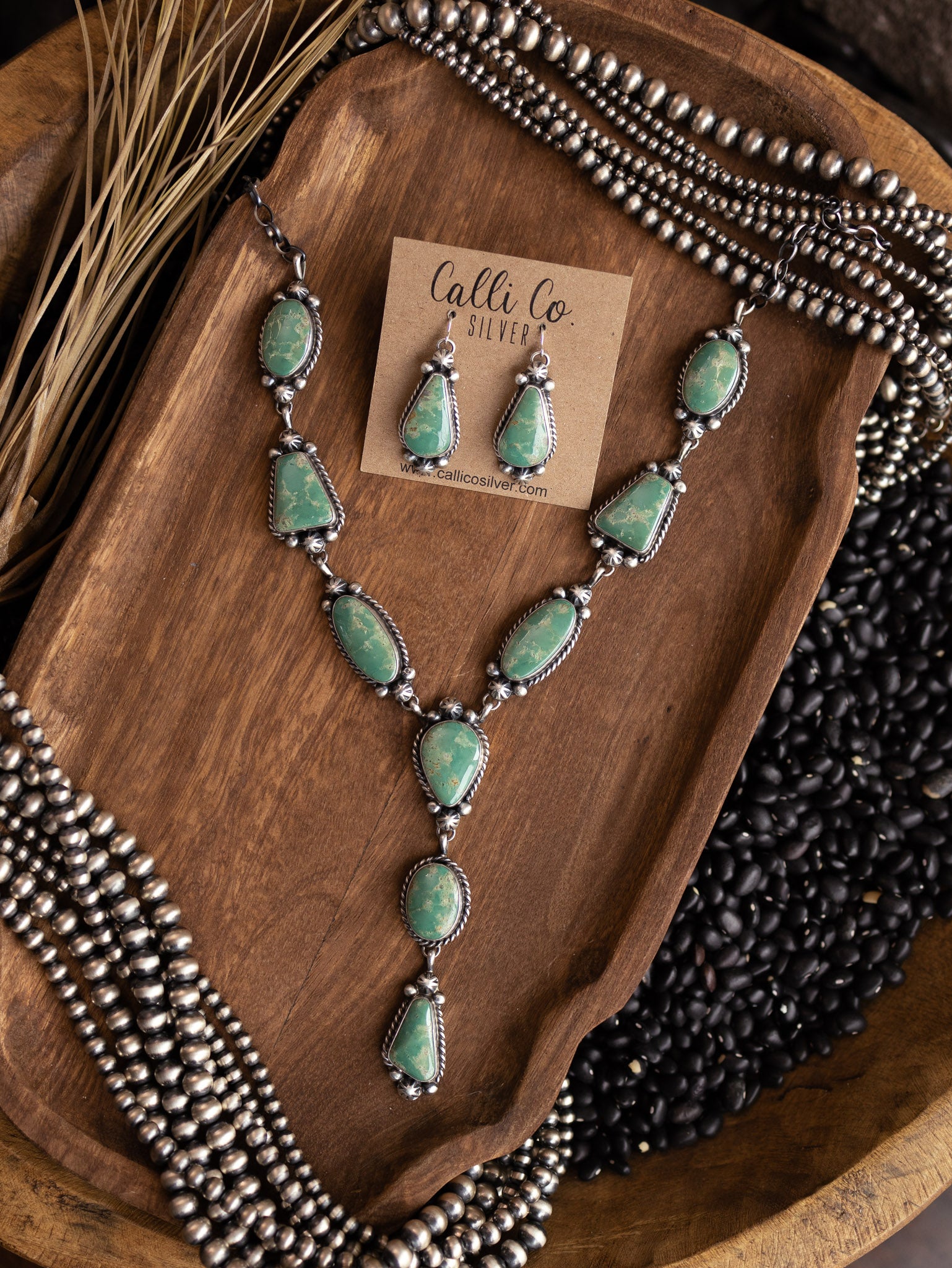 The Bloomfield Turquoise Lariat Necklace Set-Necklaces-Calli Co., Turquoise and Silver Jewelry, Native American Handmade, Zuni Tribe, Navajo Tribe, Brock Texas