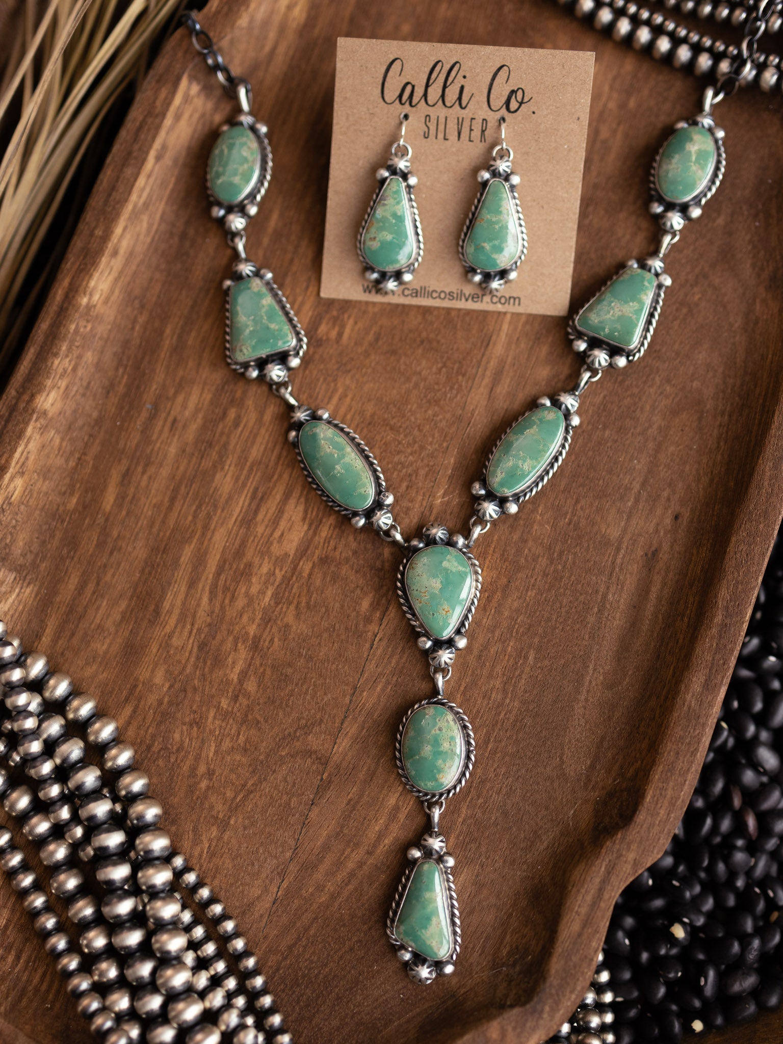 The Bloomfield Turquoise Lariat Necklace Set-Necklaces-Calli Co., Turquoise and Silver Jewelry, Native American Handmade, Zuni Tribe, Navajo Tribe, Brock Texas