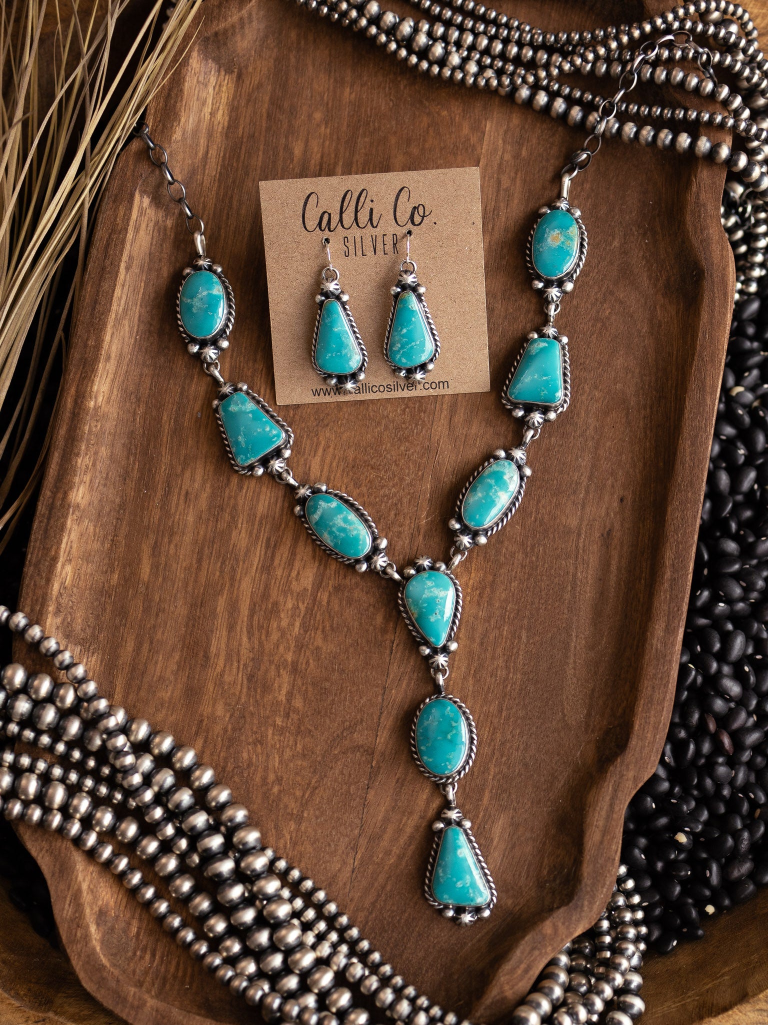 The Taos Turquoise Lariat Necklace Set-Necklaces-Calli Co., Turquoise and Silver Jewelry, Native American Handmade, Zuni Tribe, Navajo Tribe, Brock Texas