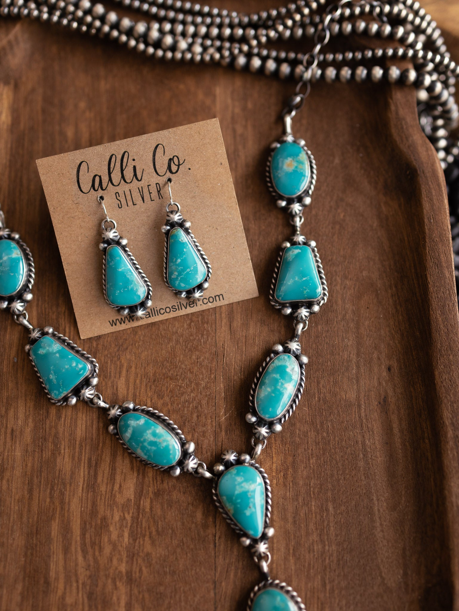 The Taos Turquoise Lariat Necklace Set-Necklaces-Calli Co., Turquoise and Silver Jewelry, Native American Handmade, Zuni Tribe, Navajo Tribe, Brock Texas