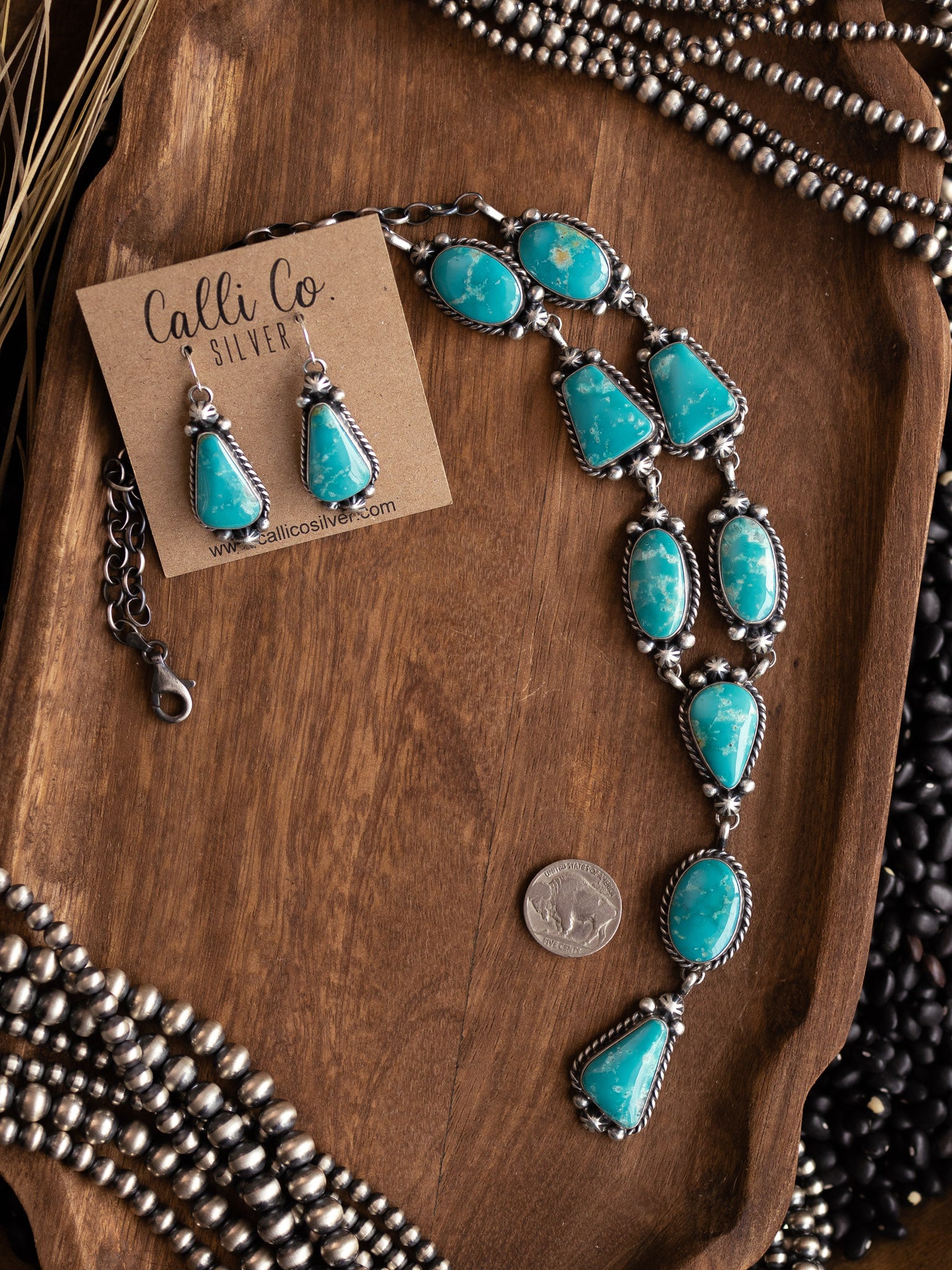 The Taos Turquoise Lariat Necklace Set-Necklaces-Calli Co., Turquoise and Silver Jewelry, Native American Handmade, Zuni Tribe, Navajo Tribe, Brock Texas