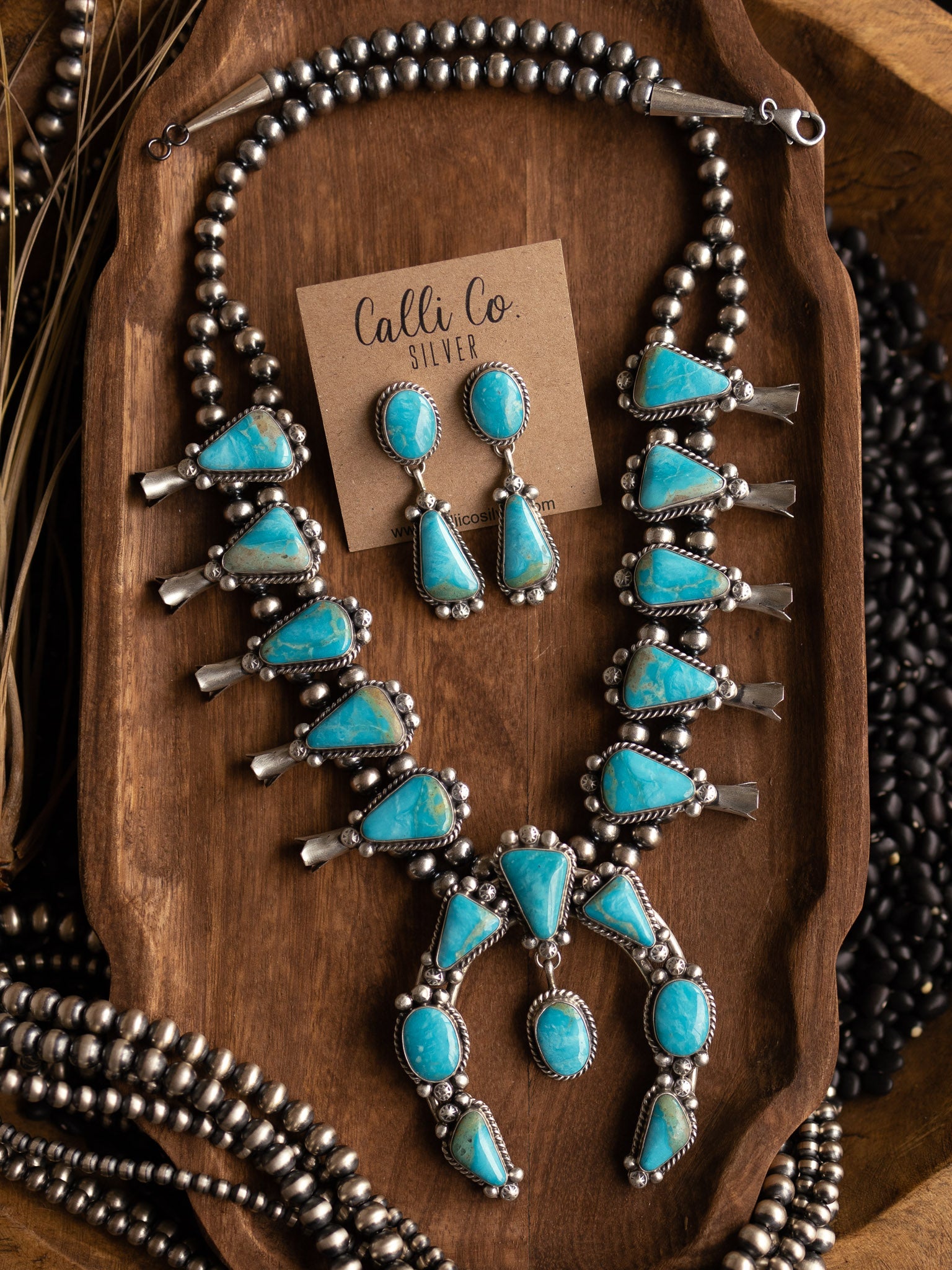 The Santa Cruz Squash Blossom Necklace Set-Necklaces-Calli Co., Turquoise and Silver Jewelry, Native American Handmade, Zuni Tribe, Navajo Tribe, Brock Texas