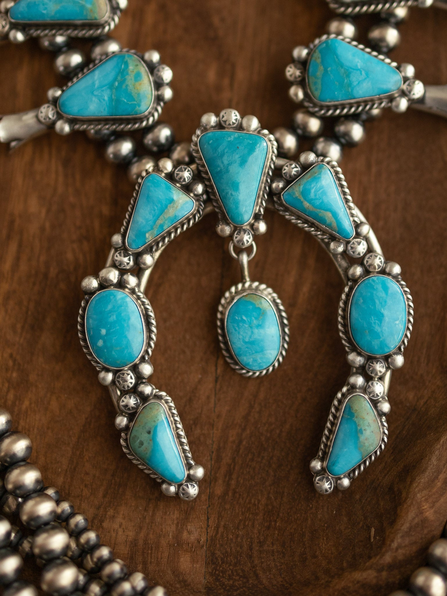 The Santa Cruz Squash Blossom Necklace Set-Necklaces-Calli Co., Turquoise and Silver Jewelry, Native American Handmade, Zuni Tribe, Navajo Tribe, Brock Texas