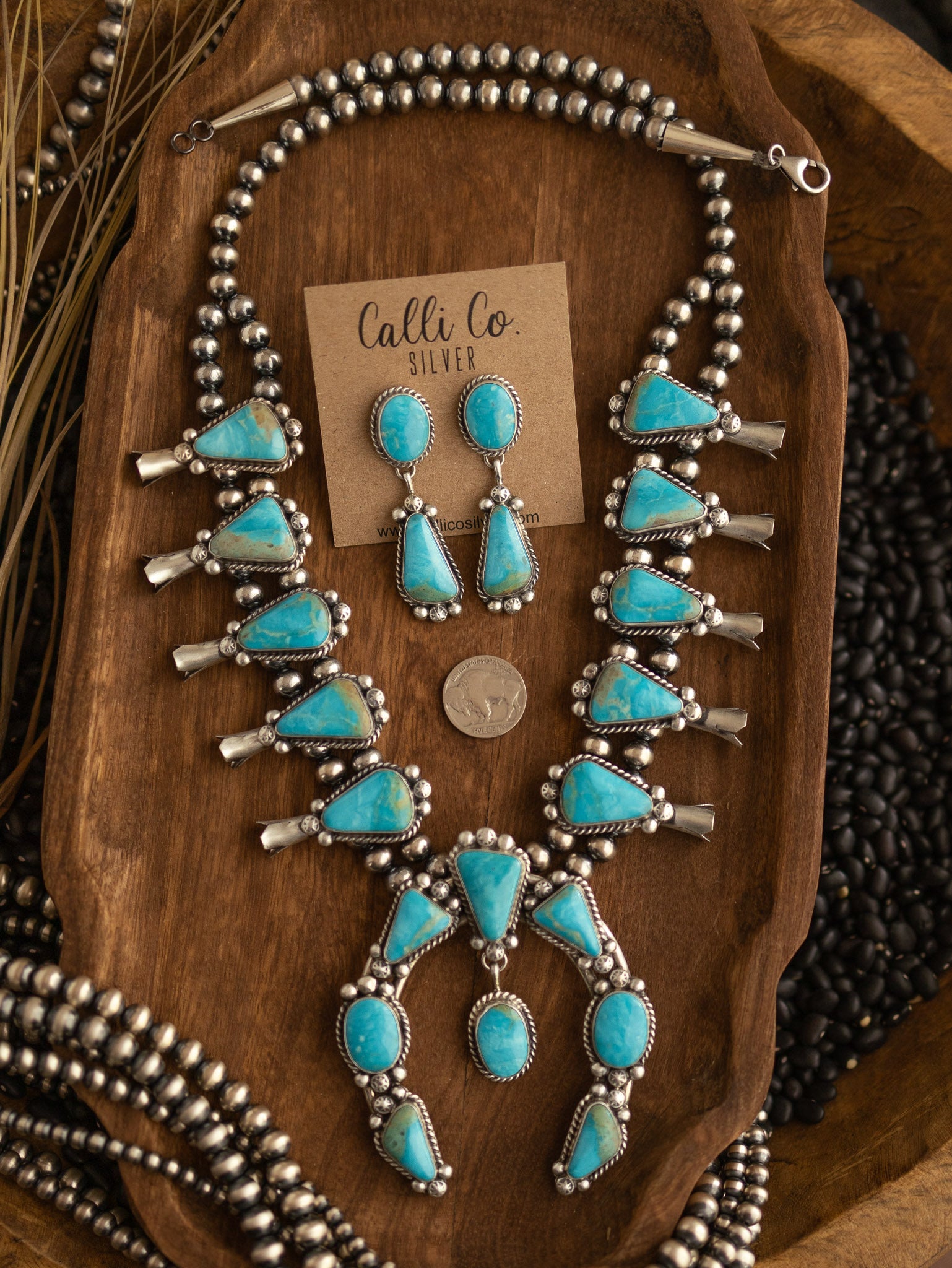 The Santa Cruz Squash Blossom Necklace Set-Necklaces-Calli Co., Turquoise and Silver Jewelry, Native American Handmade, Zuni Tribe, Navajo Tribe, Brock Texas