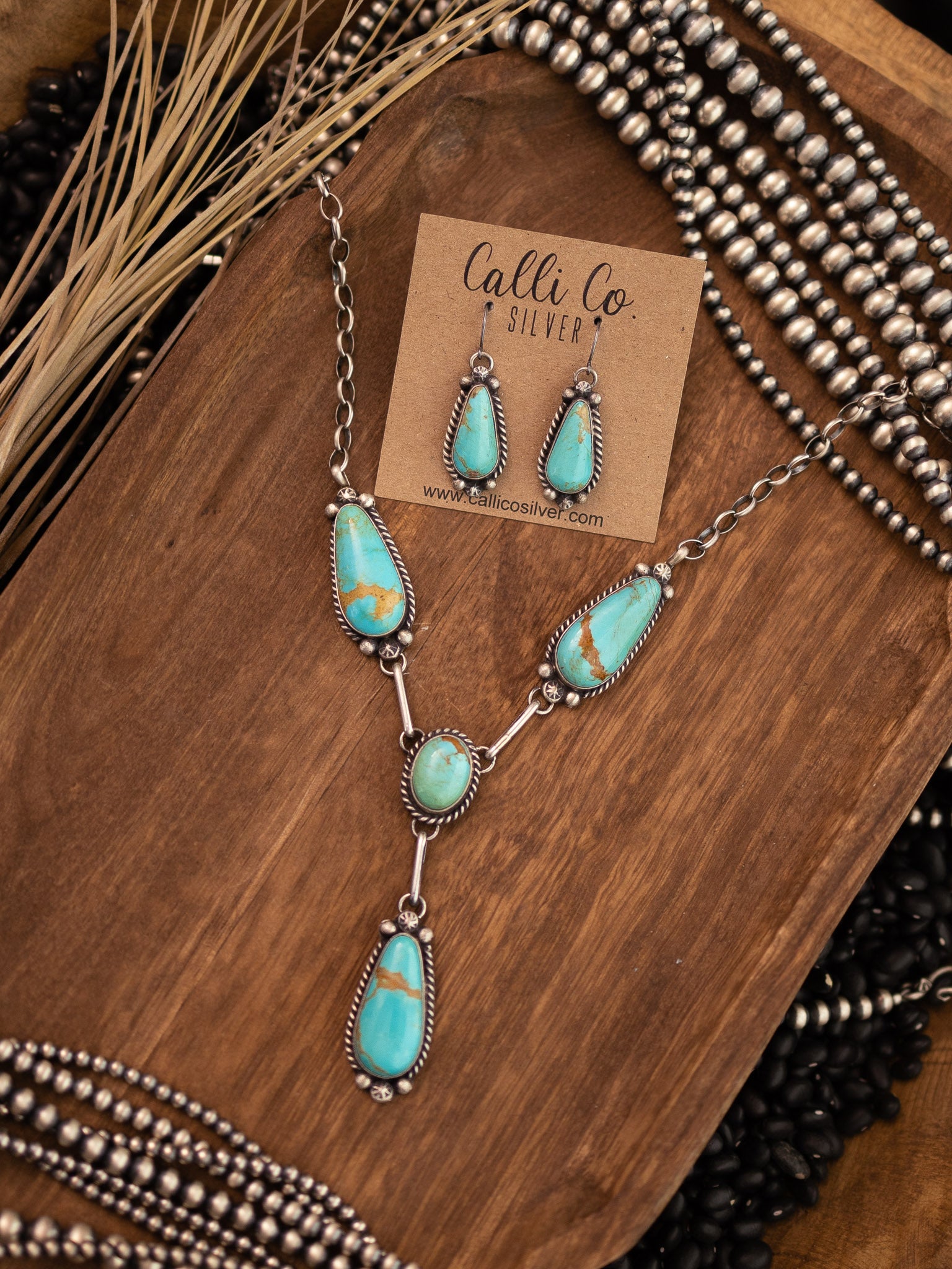 The Mascotte Turquoise Lariat Necklace Set-Necklaces-Calli Co., Turquoise and Silver Jewelry, Native American Handmade, Zuni Tribe, Navajo Tribe, Brock Texas