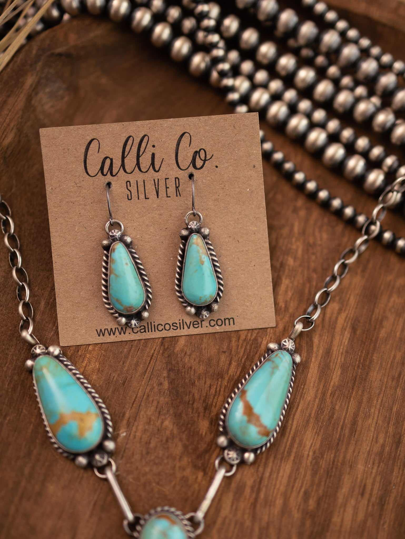 The Mascotte Turquoise Lariat Necklace Set-Necklaces-Calli Co., Turquoise and Silver Jewelry, Native American Handmade, Zuni Tribe, Navajo Tribe, Brock Texas