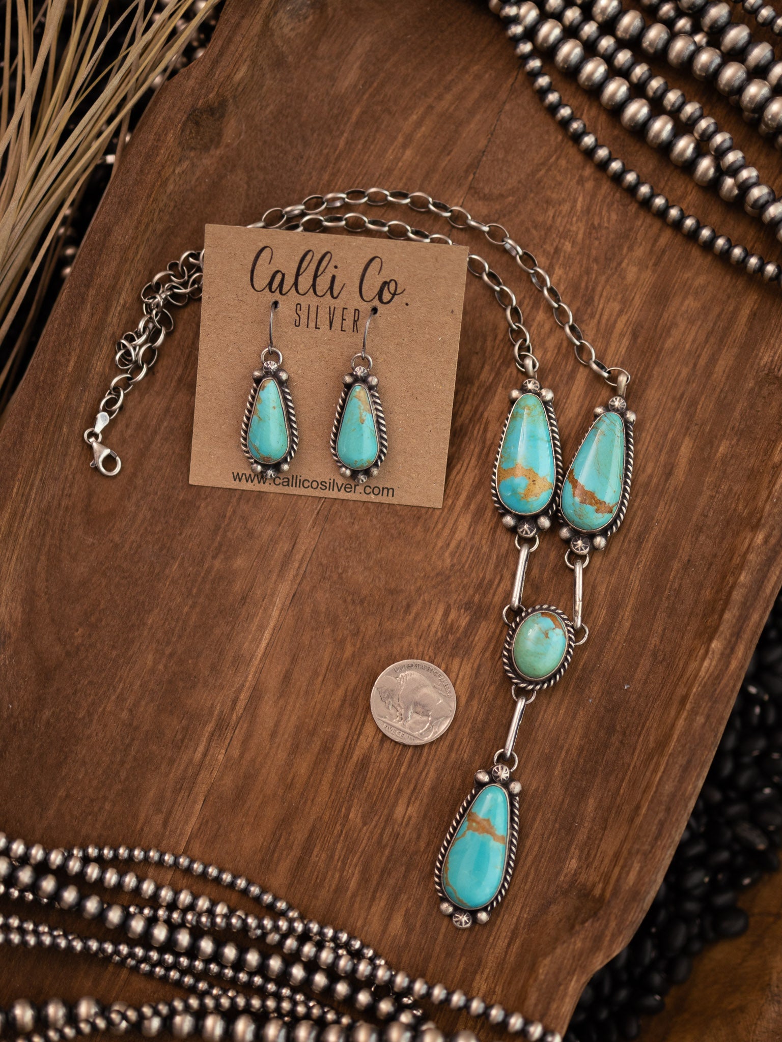 The Mascotte Turquoise Lariat Necklace Set-Necklaces-Calli Co., Turquoise and Silver Jewelry, Native American Handmade, Zuni Tribe, Navajo Tribe, Brock Texas