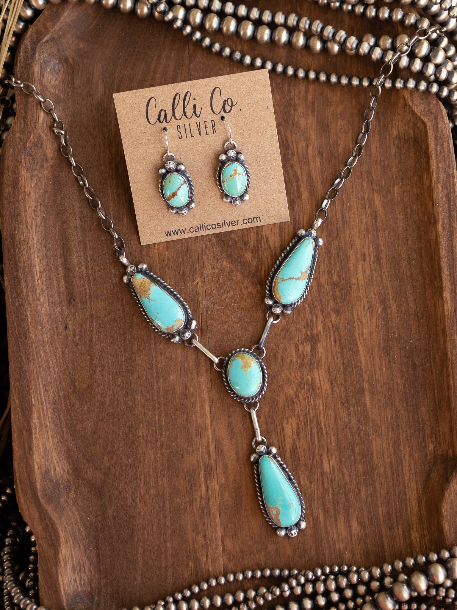 The Roseau Lariat Necklace Set-Necklaces-Calli Co., Turquoise and Silver Jewelry, Native American Handmade, Zuni Tribe, Navajo Tribe, Brock Texas