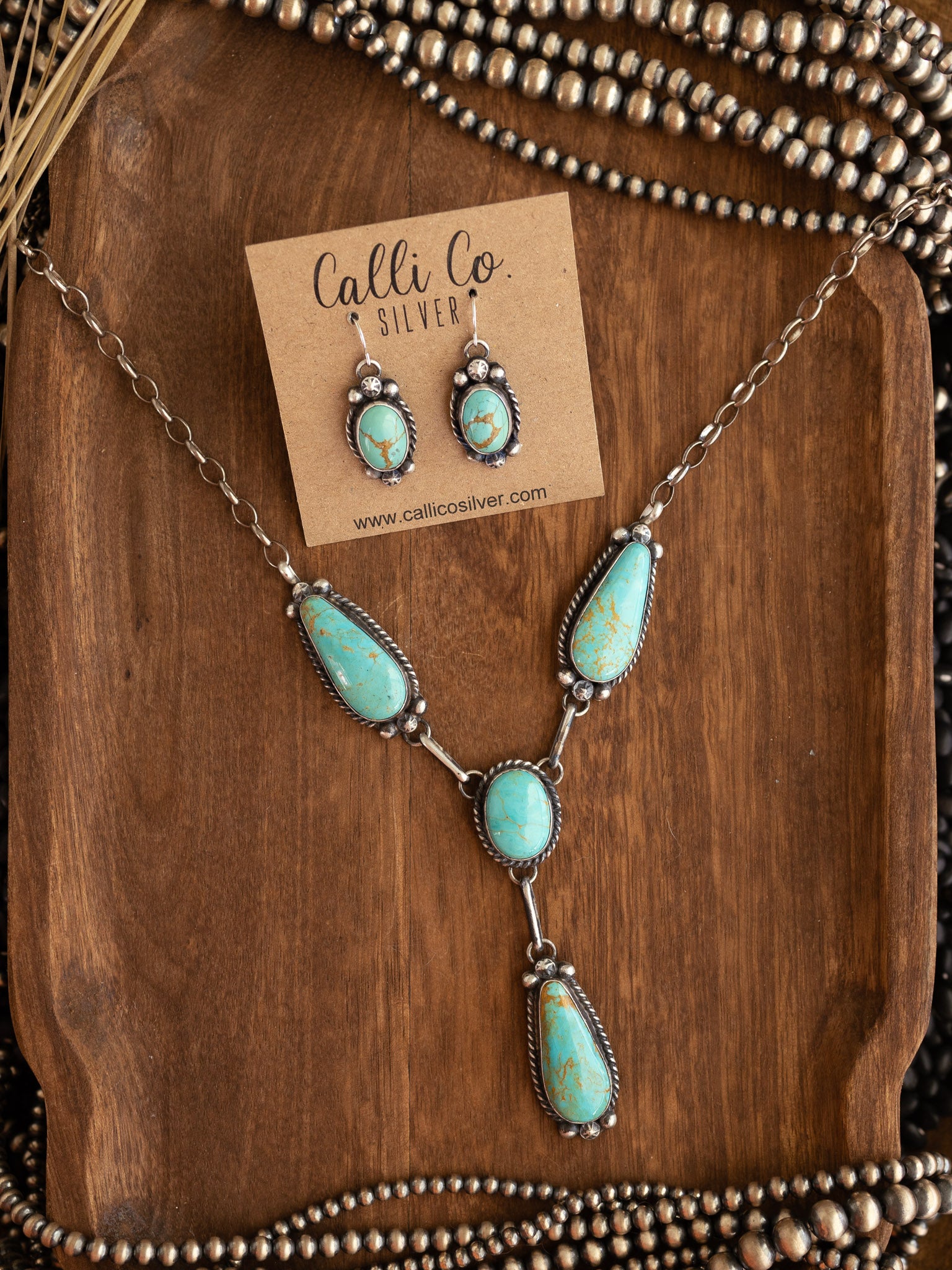 The Tanglewood Lariat Necklace Set-Necklaces-Calli Co., Turquoise and Silver Jewelry, Native American Handmade, Zuni Tribe, Navajo Tribe, Brock Texas