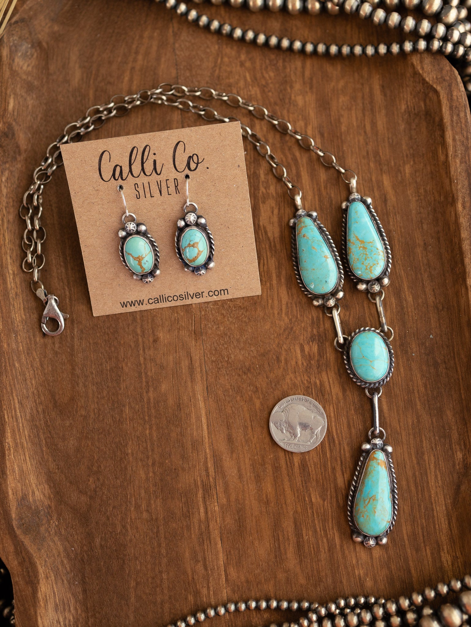 The Tanglewood Lariat Necklace Set-Necklaces-Calli Co., Turquoise and Silver Jewelry, Native American Handmade, Zuni Tribe, Navajo Tribe, Brock Texas