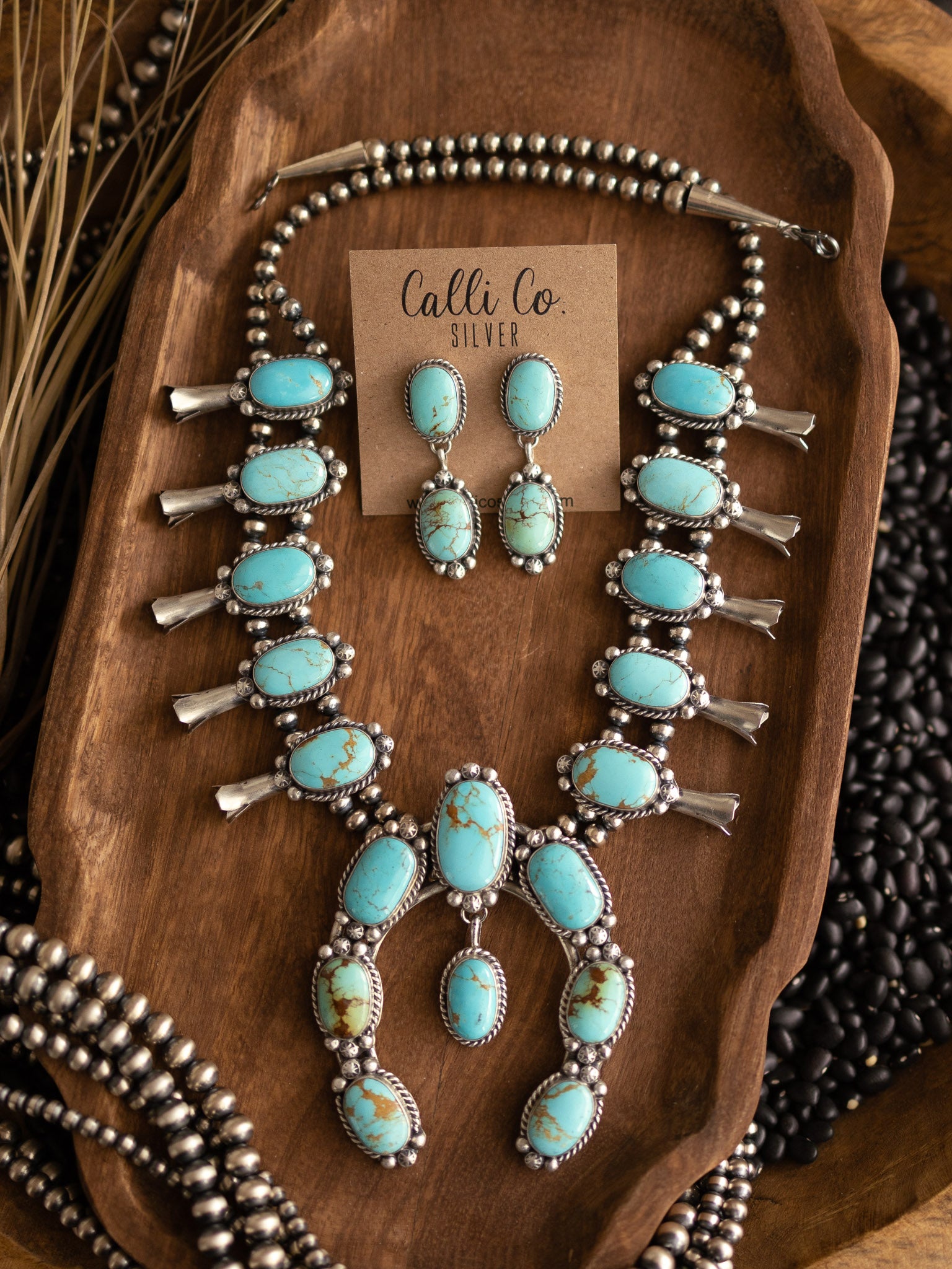 The Beacon Squash Blossom Necklace Set-Necklaces-Calli Co., Turquoise and Silver Jewelry, Native American Handmade, Zuni Tribe, Navajo Tribe, Brock Texas